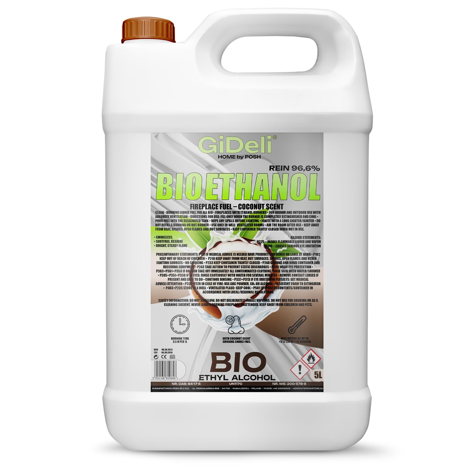 GiDeli bioetanol 5 l con aroma a coco 96,6% etanol para chimeneas interiores y exteriores sin humo ni hollín - De maíz y remolacha