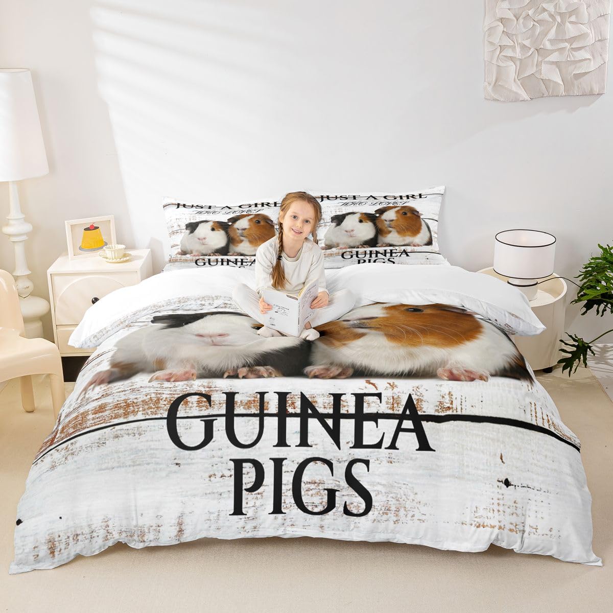 feelingyou Guinea Pigs Duvet Cover King for Kids Boys,Kawaii Cute Animal Bedding Set with 2 Pillowcases Comforter Cover,White Wooden Board Bedspread Quilt Cover 3 Pcs, Soft, Zipper