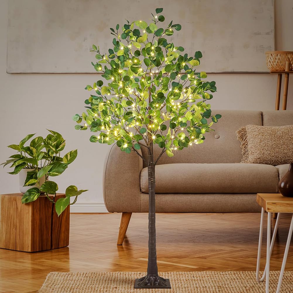 LED Eukalyptusblatt Baum Lampe, USB Betrieben Künstlich Eukalyptus Baumlampe Warmweiß, Vintage Leuchtender Innen und Außen Deko Baumlicht Grünpflanzen für Weihnachts Hochzeit Party,120cm