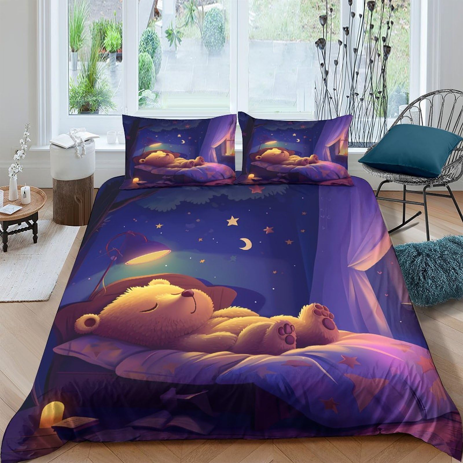 Ctjqhvkz Style-6 3D Printed Dreamy Bear Fitted Sheet Microfiber Anti-Slip Moon Night Mattress Cover For Bedroom Guest Room Machine Washable Single（135X200cm）