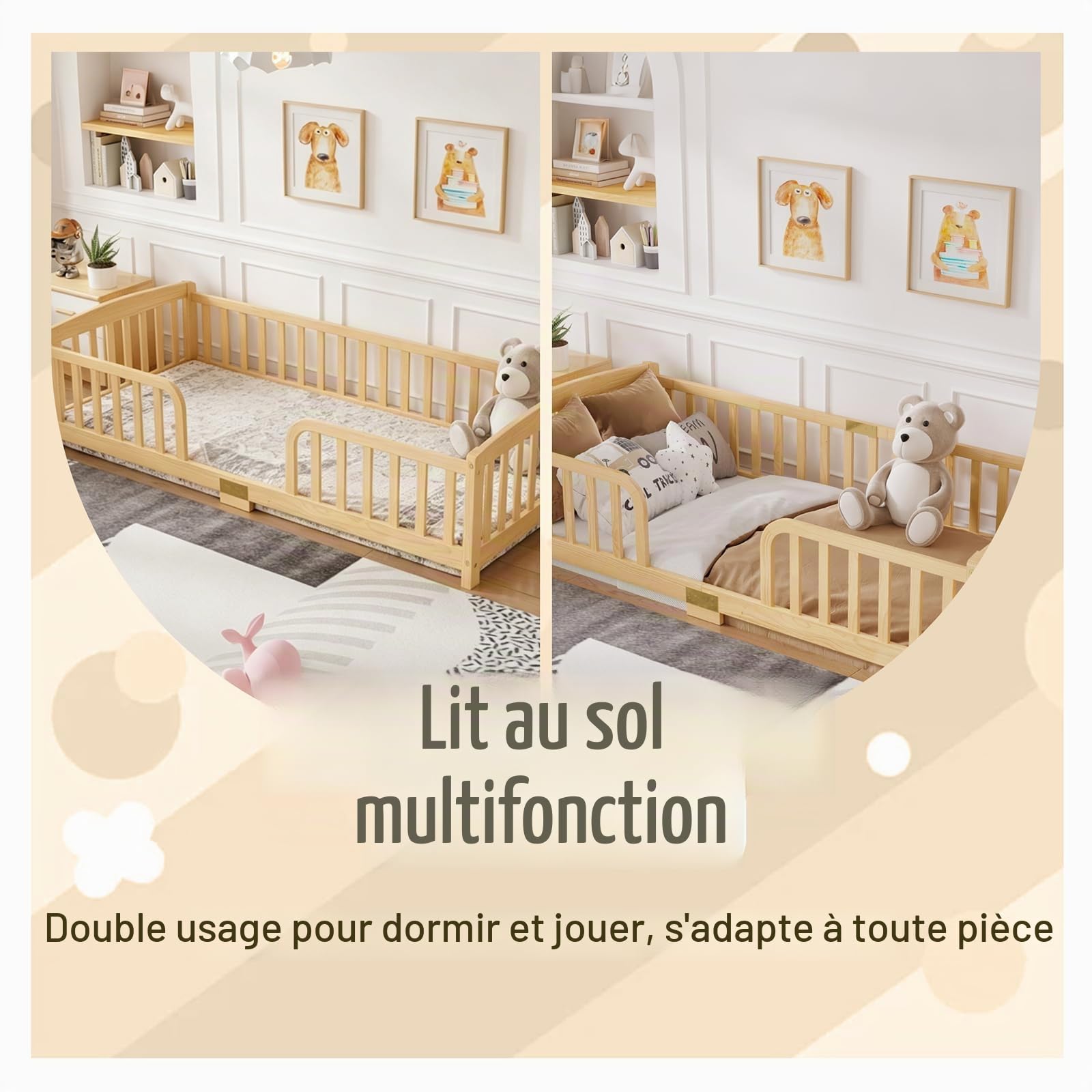 DHHU Lit au Sol 90x200 cm avec barrières de sécurité – Entrée Centrale – Cadre Bas en pin Massif – Lit Enfant pour Transition du Berceau – Montage Facile