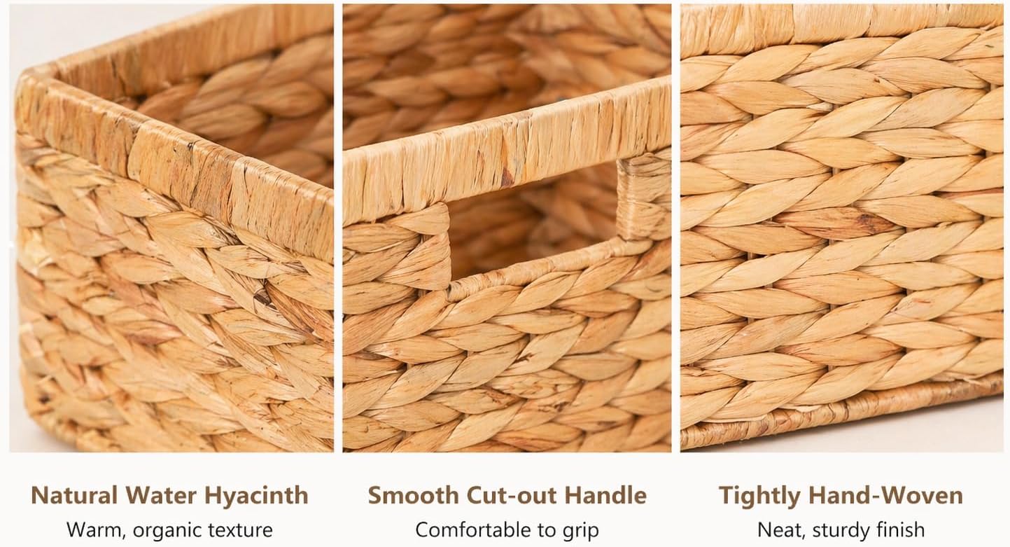 Wicker Storage Basket, Water Hyacinth Storage Baskets for Organizing, Rectangular Wicker Storage Baskets for Shelves, Medium Wicker Basket with Built-in Handles, Natural(14.17"x10.24"x6.69")