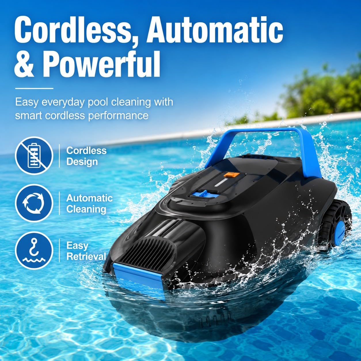 Robot pulitore per piscine senza fili, robot automatico per piscine fuori terra e interrate, autonomia di 100 minuti, aspirazione potente, pulitore per piscine autoparcheggiate per pavimenti piani