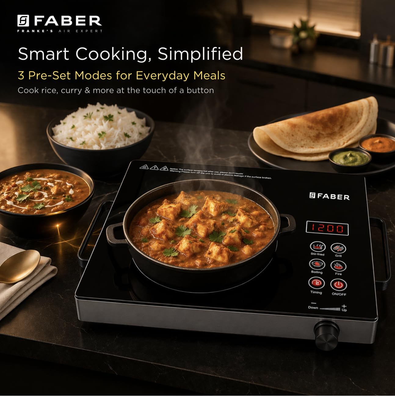 Faber FIP EMBER PRO22 Infrared Cooktop with food and preset mode buttons highlighted