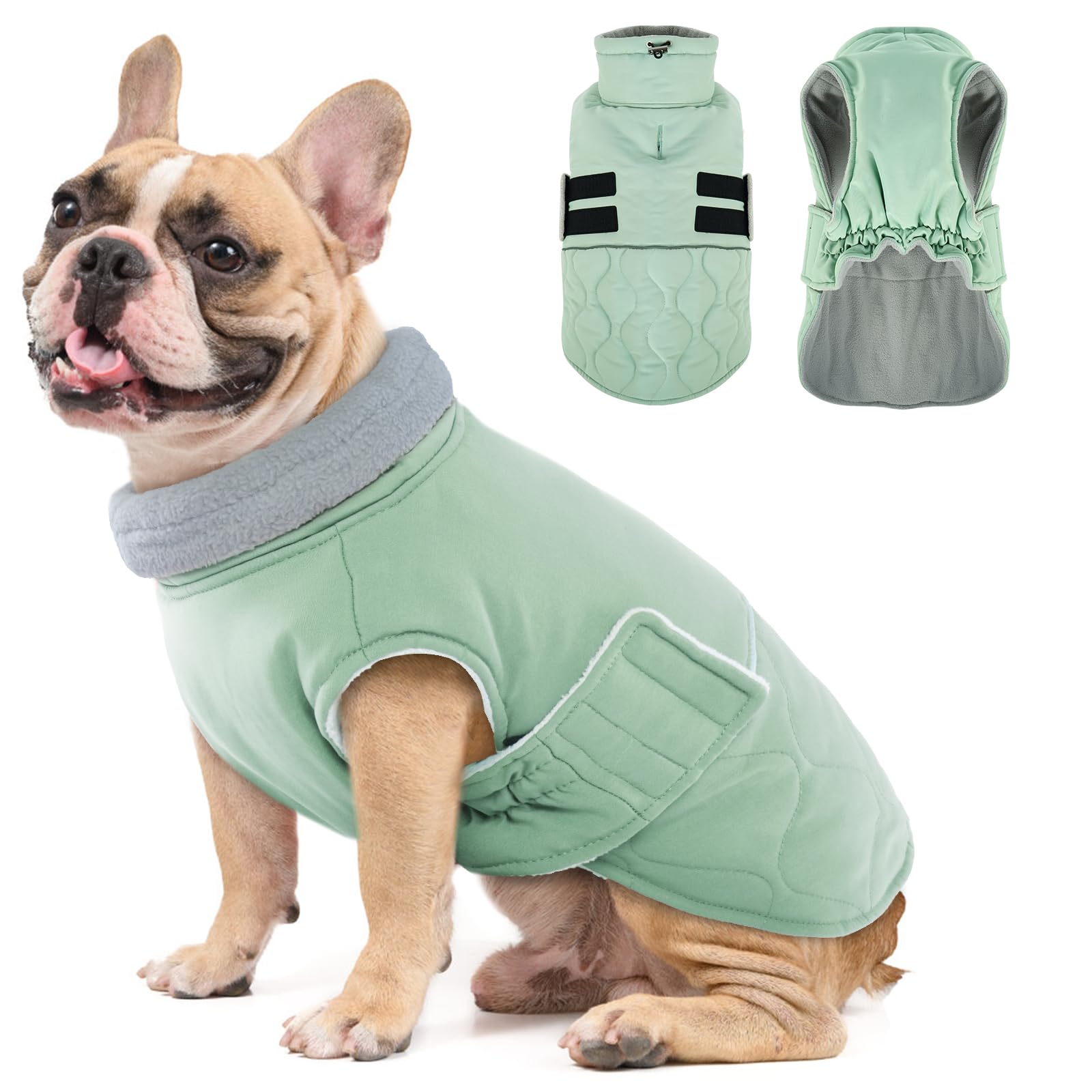 Hjumarayan Dog Winter Coat, Fleece Lined Warm Dog Jacket with Harness Hole, Reflective Quilted Coat Water-resistant for French Bulldog, Pug (Sage Green M)