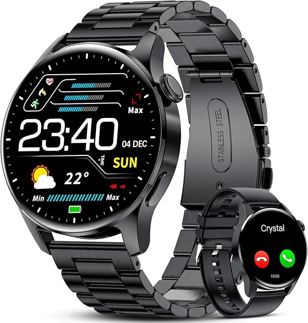 LIGE Smart Watch for Men,1.32 inch Touch Screen Fitness Tracker with Bluetooth Calling/Heart Rate/Sleep Monitor,IP67 Waterproof Stainless steel Smartwatch for Android IOS Phone,Black