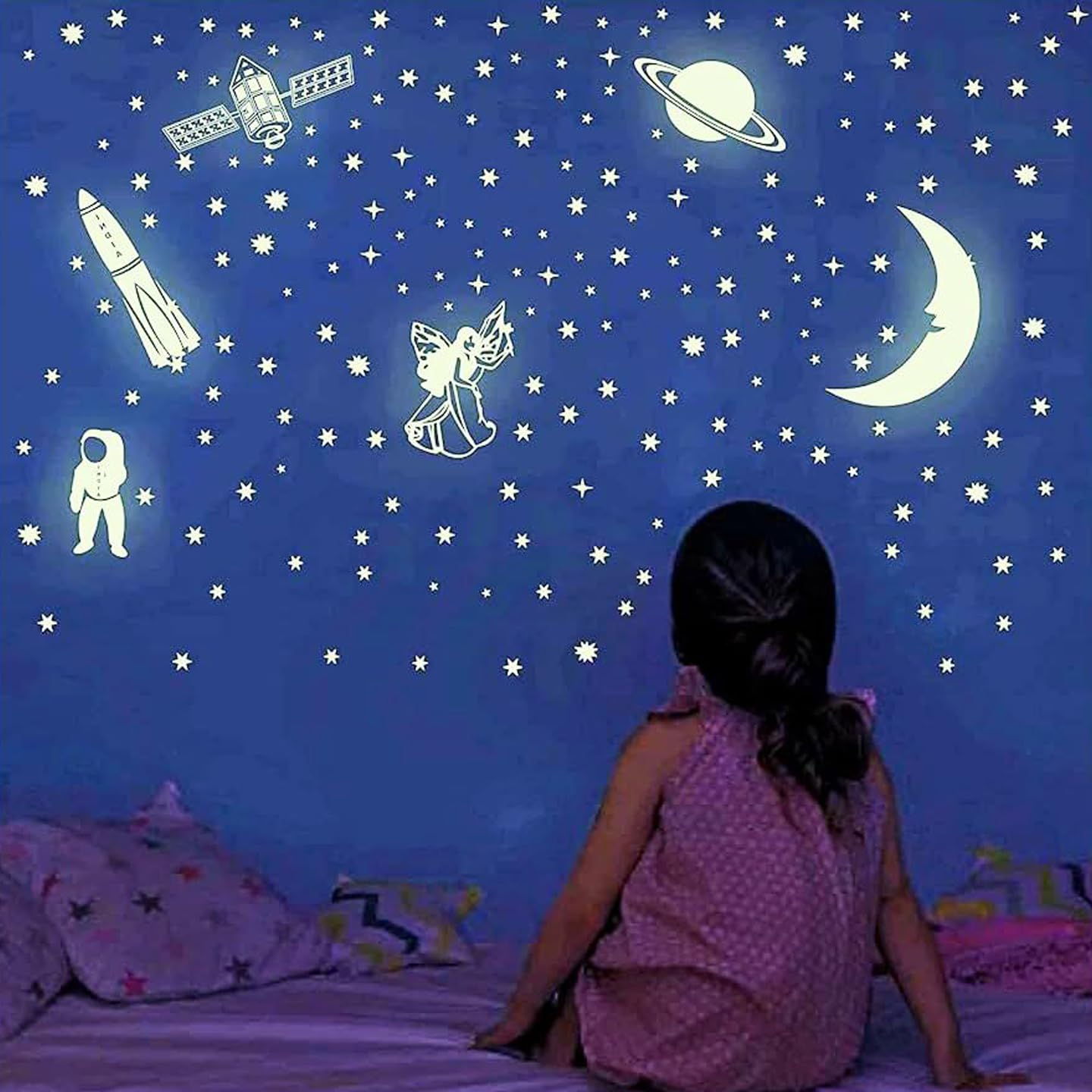 Luminous Space Wall Decals, 250 Piece Glow in Dark Stars, Moon, Planets and Rocket Stickers, Green Vinyl, Modern Celestial Theme Room Decor for Kids Bedroom, Nursery, 10x8 Inch