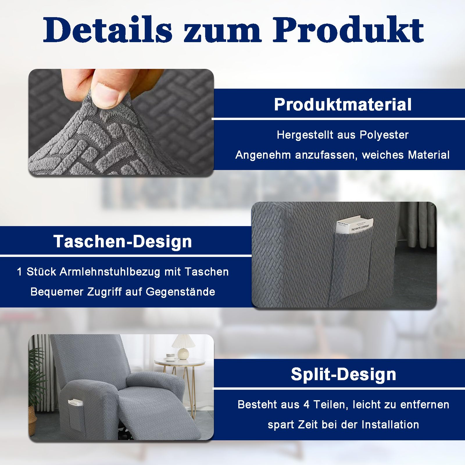 Fodera per Poltrona Relax, 4 pezzi All Inclusive Copridivano per Sedia a Sdraio con Tasche, Fodere per Poltrona Reclinabile Elasticizzato, Copridivano Elastico in Peluche(Grigio Chiaro)
