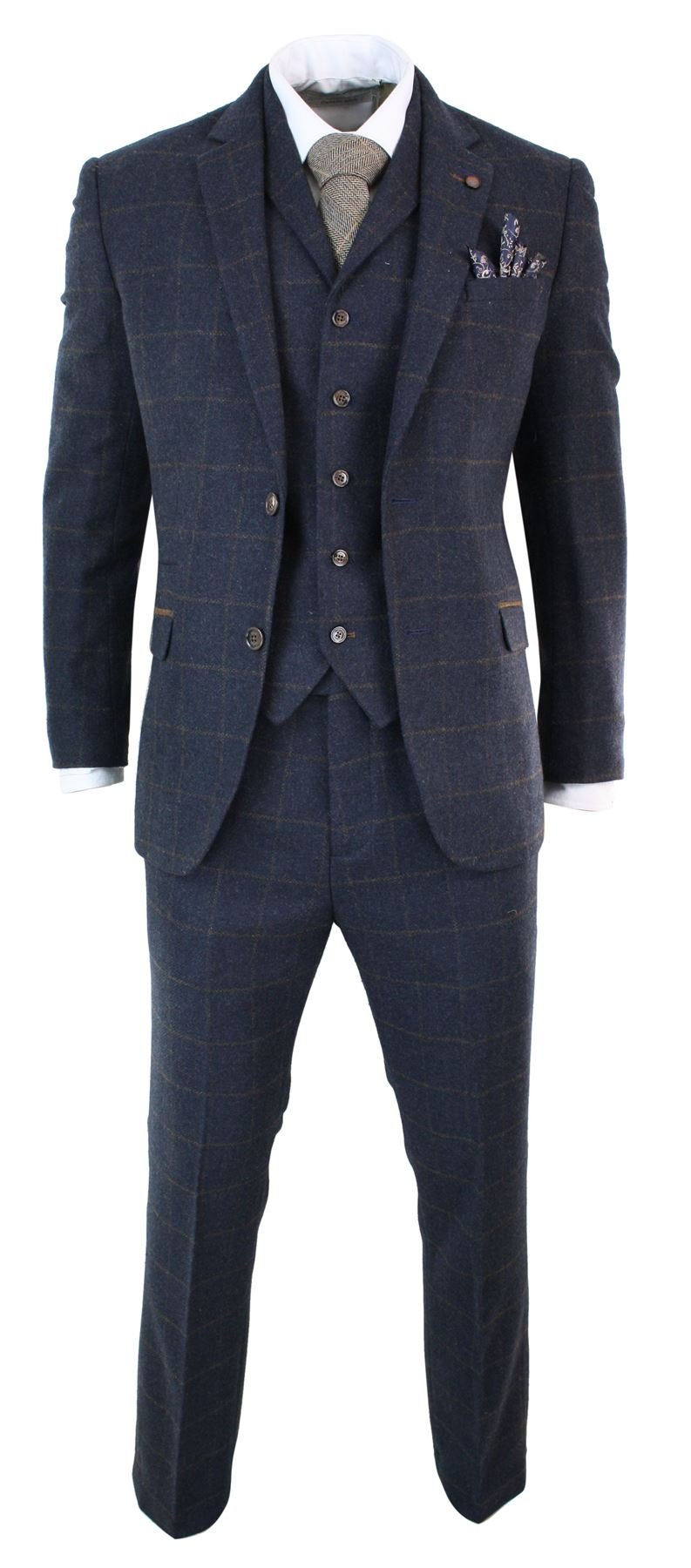 Buy Mens Herring Tweed Navy Blue Check 3 Piece Wool Suit Peaky Blinders