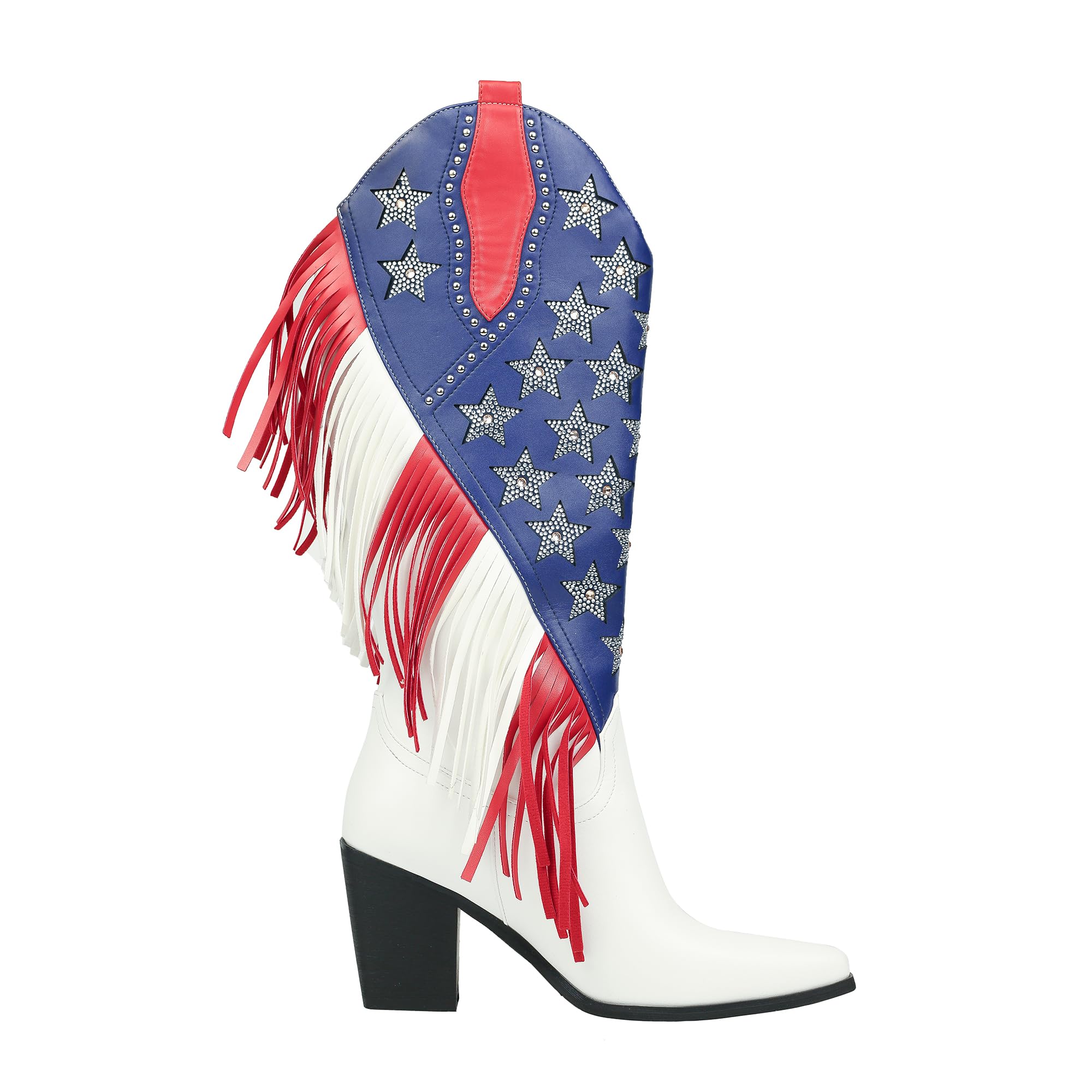 DETOGNI Women's Fringes American Flag Mid-Calf Western Boots Sparkling Stars Rhinestones Tassels Chunky Heels Cowboy Boots