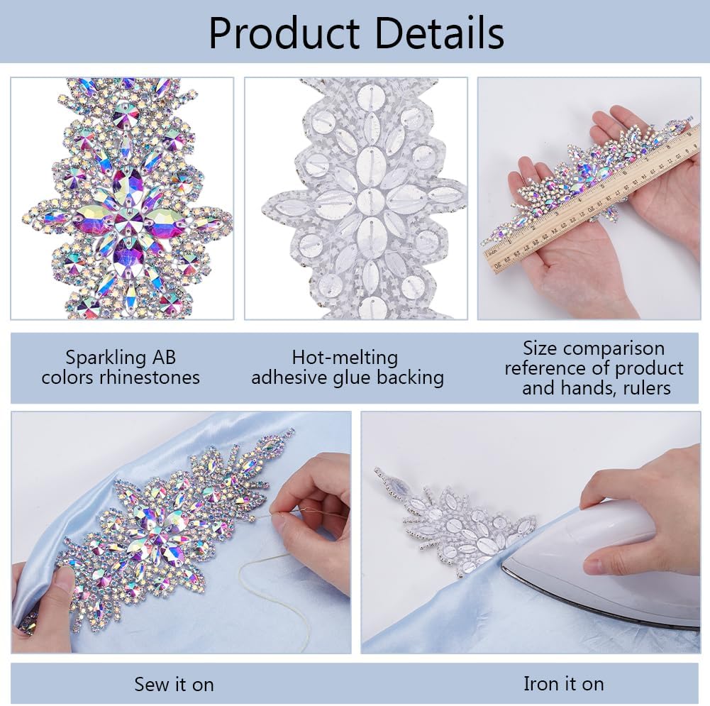 FINGERINSPIRE Glass Rhinestone Applique Patches 9.4x3.7inch Crystal AB Rhinestone Applique Iron On Patches Flower Wedding Belt Applique Hotfix Rhinestone Patches Sewing Rhinestone Applique for Dress