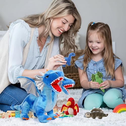 Vista 3 de Tezituor Animales de peluche de dragón de doble cabeza, juego de 5 juguetes de peluche de dinosaurio, mamá dragón con 4 dinosaurios bebés