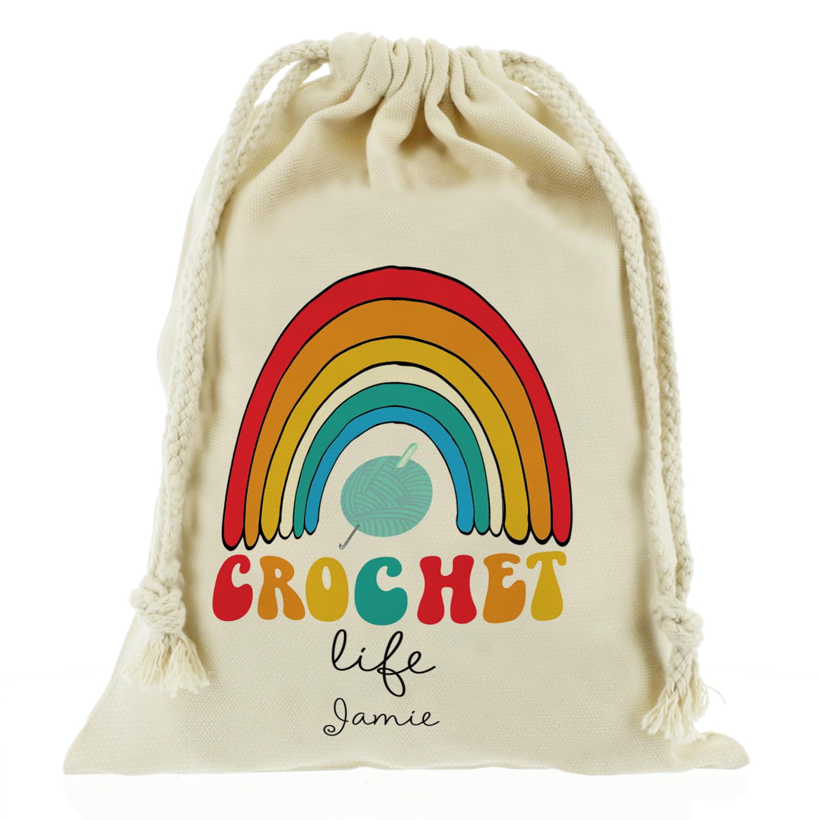 Personalised Craft Bag, Reusable, Gift Bag, Crochet Life Design Drawstring Sack, Wool Storage Bag Customised with With Name/Initials/Text, Sizes: XXS, XS, S, M, L, XL — image 1
