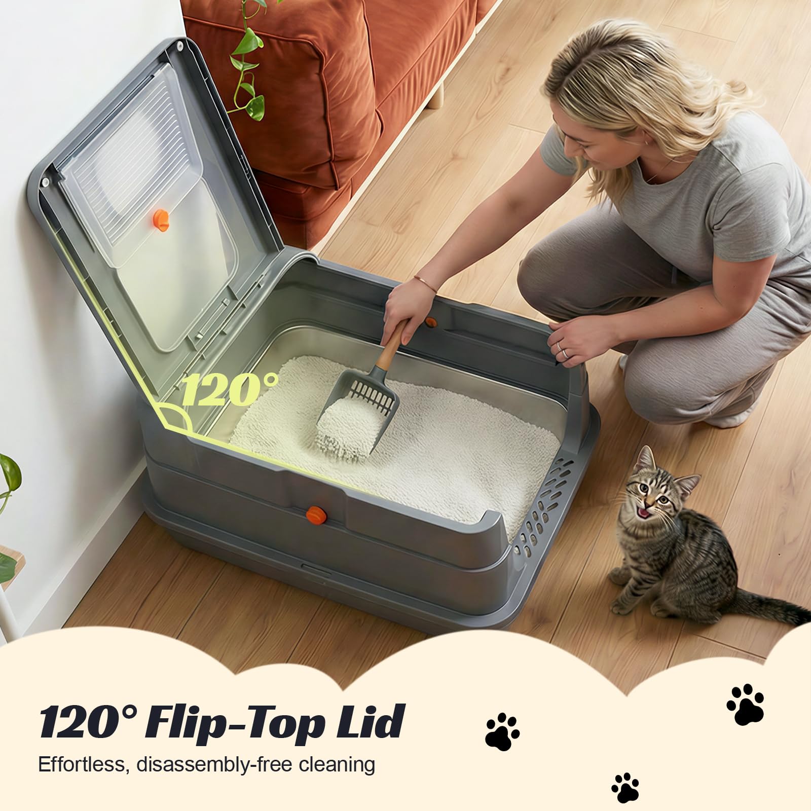 Stainless Steel Litter Box with Lid, Front Entry Top Exit Cat Litter Box, Extra Large High Sided Enclosed Metal Litter Box with Scoop, Pedal & Litter Mat, Grey - image 4