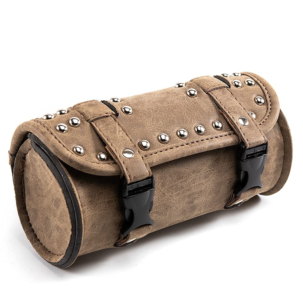 Borsa universale per attrezzi da manubrio di moto, in pelle ecologica in poliuretano, marrone, con rivetti, per Sissy Bar o portapacchi posteriore