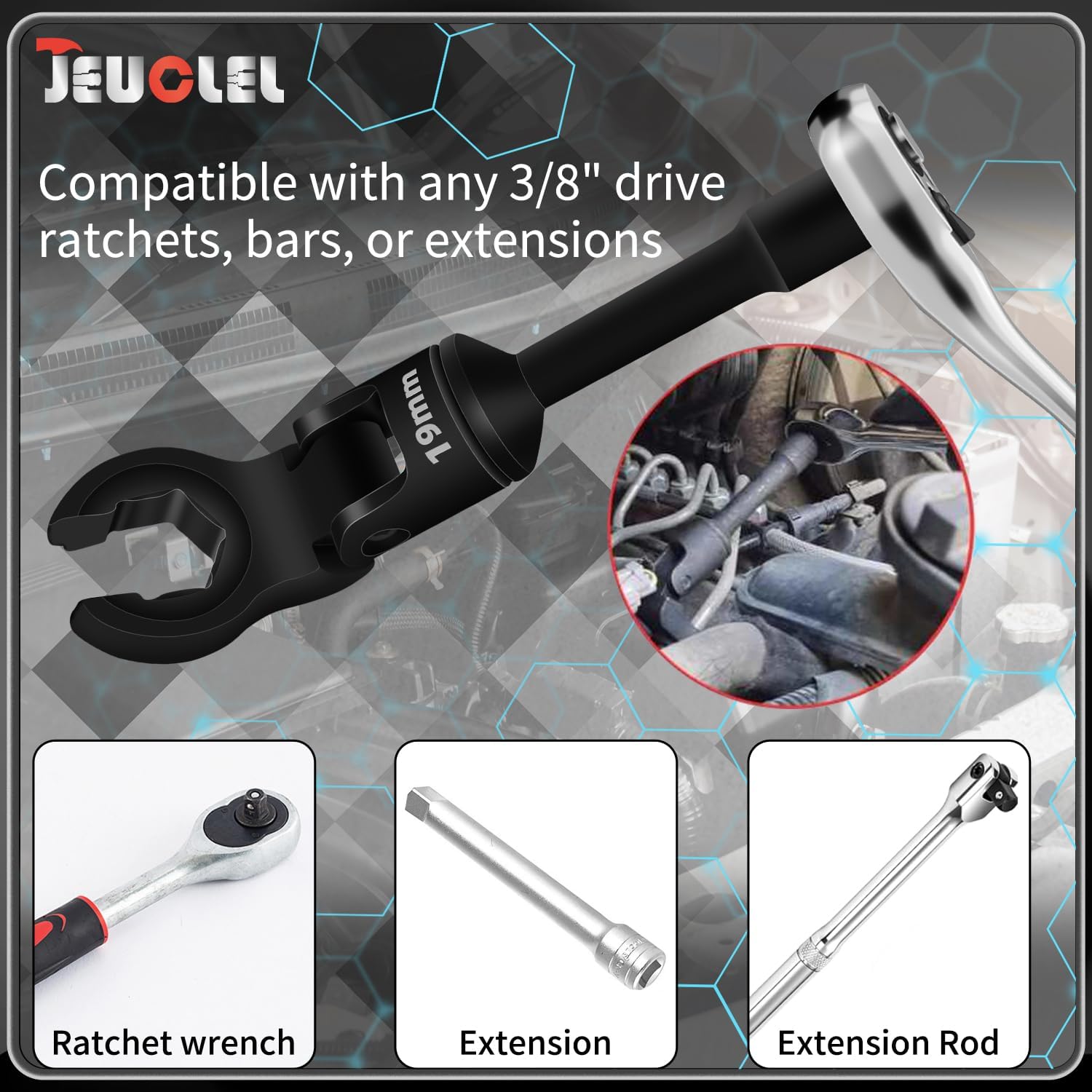 6PCS 3/8" Drive Long Flex Head Injector Fuel Line Socket Wrench Set, Crowfoot Flare Nut Socket Wrench Metric 12mm 14mm 16mm 17mm 18mm 19mm Hydraulic Lines Nuts Bolts Hand Removal Tool