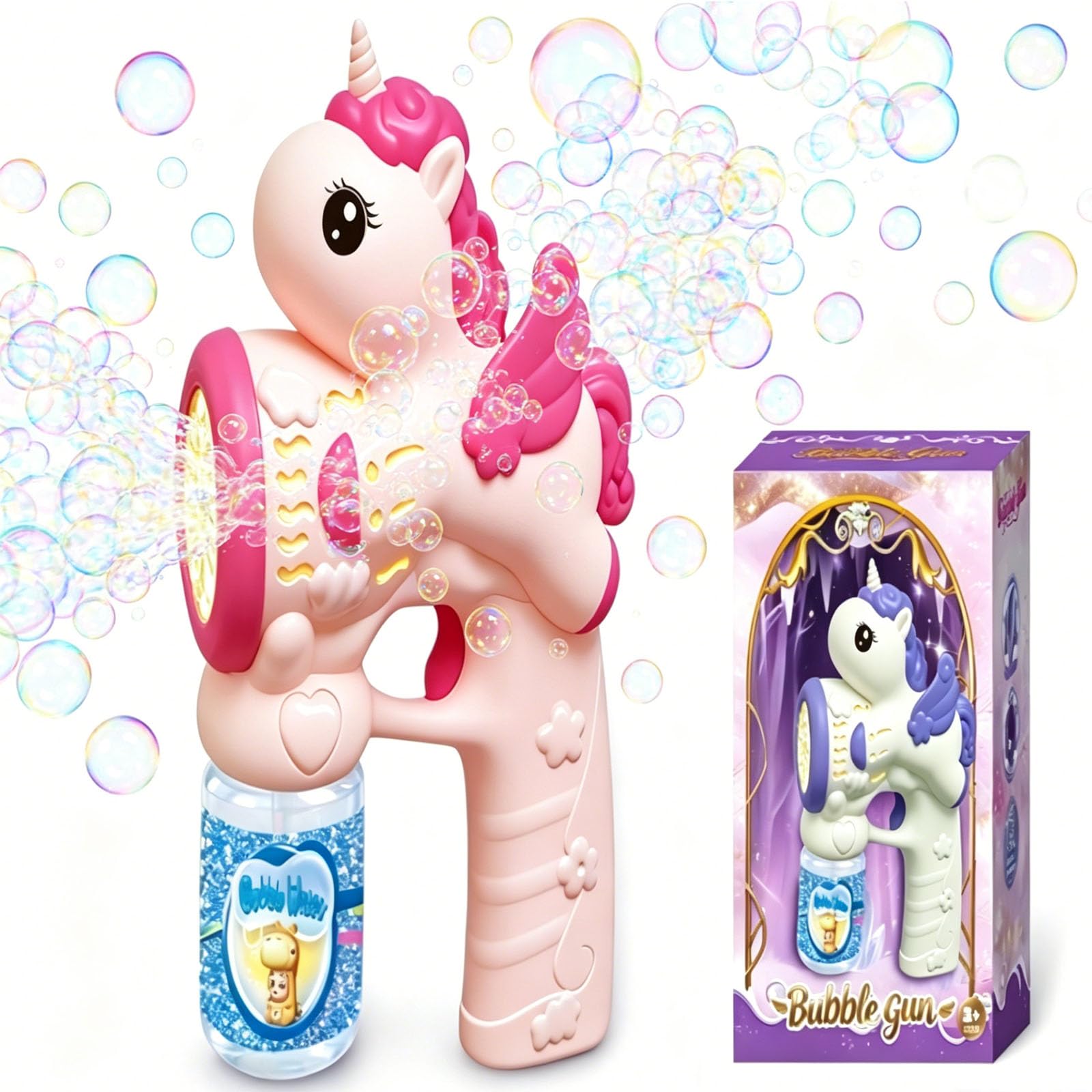 Unicorn Bubble Gun for Kids - Automatic Electric Bubble Machine with 65ml Bubble Solution, Handheld Blower Toy for Outdoor Garden Park Birthday Gift for Girls Age 3 4 5 6 7 8+ Years Old