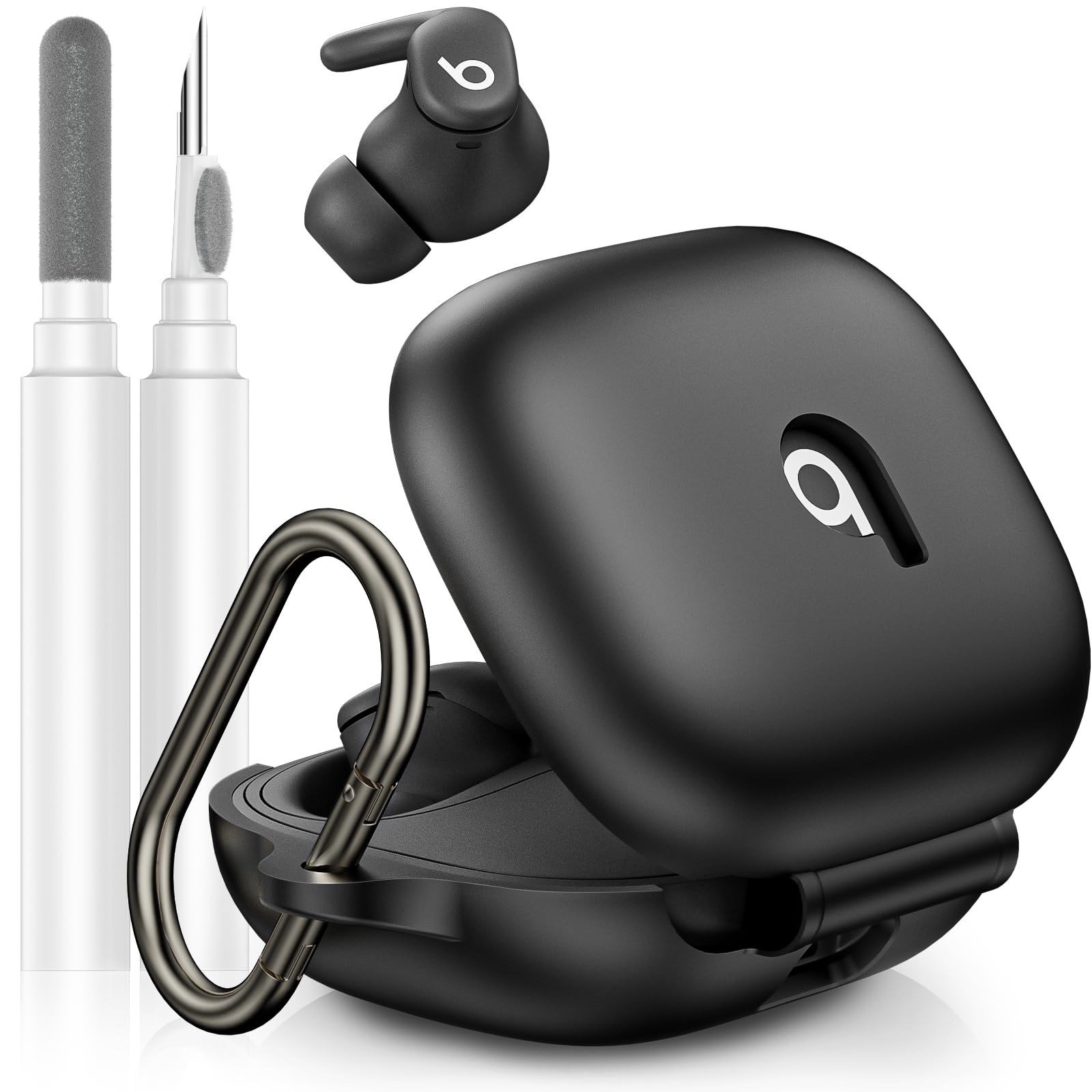 Photo 1 of LDSXAY Compatible with Beats Powerbeats Fit Case Cover, Soft Silicone Shockproof Protective Skin Case for Powerbeats Fit Earbuds 2025 with Cleaner Kit & Carabiner, Top Logo Visible (Black)