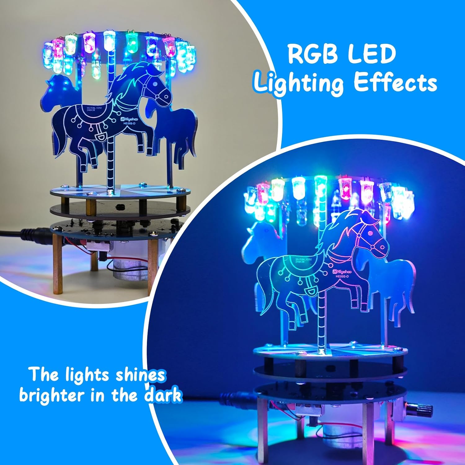 MIOYOOW DIY Carousel Music Box Soldering Kit, RGB LED Merry-go-Round Solder Practice Kit with 3 Songs, STEM Educational Electronics Project for Students and Desk Ornament
