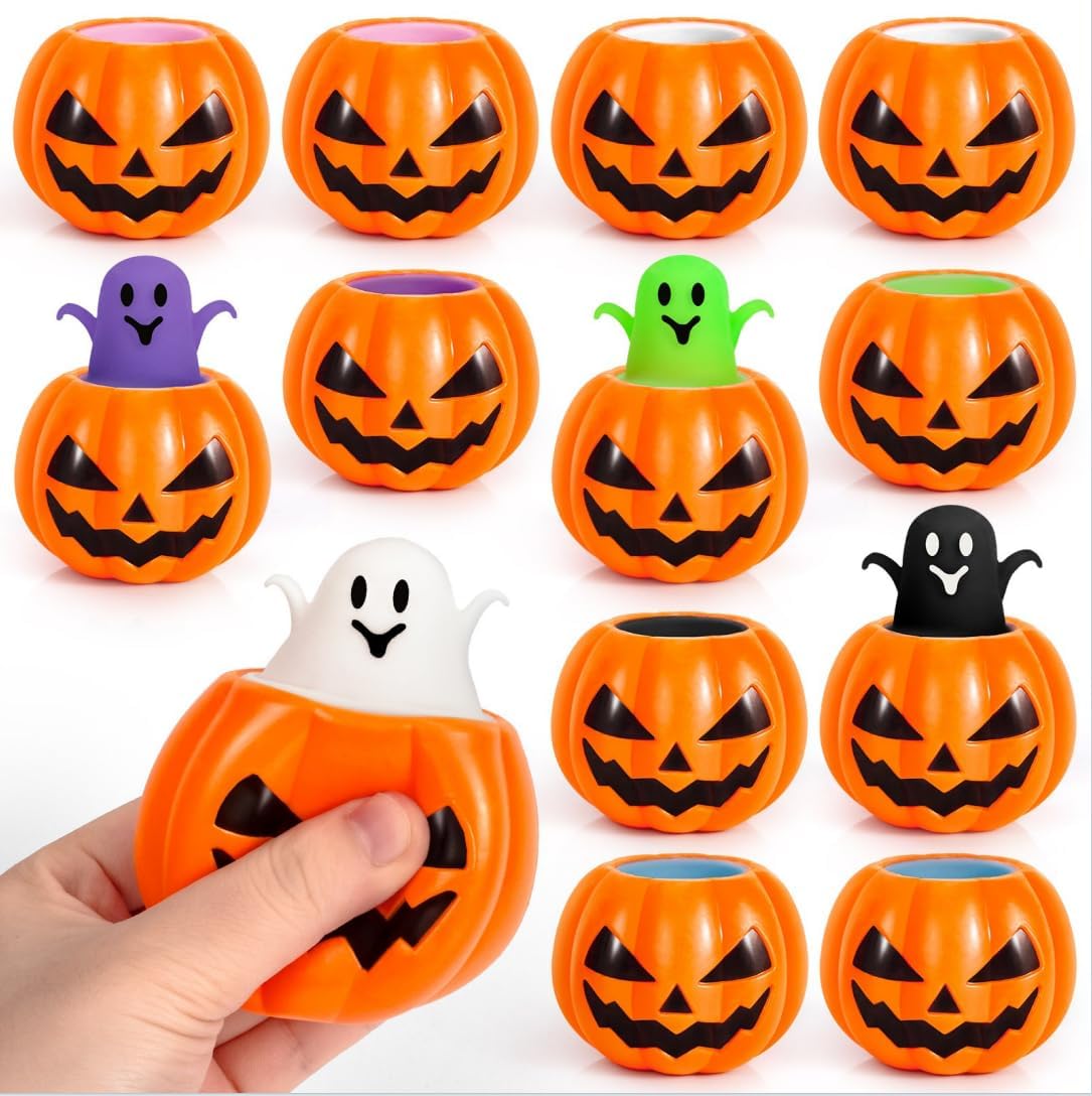 SpringFlower 12Pcs Halloween Pumpkin Squishy Toys, Halloween Party Favors Goodie Bag Stuffers Fillers, Trick or Treat Toys, Stress Relief Ghost Toys 6 Assorted Colors for Kids Adults