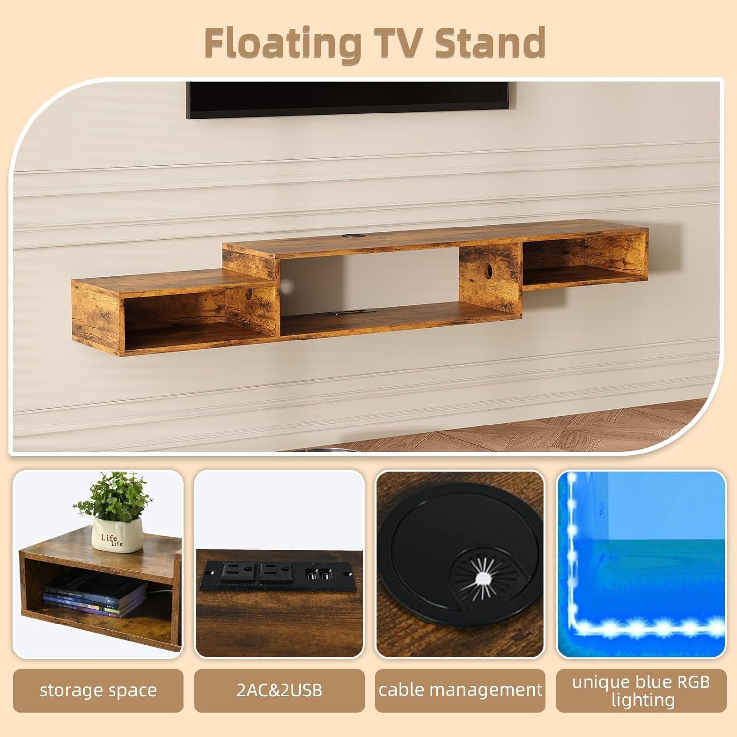4 EVER WINNER Floating TV Shelf with LED Lights and Power Outlet, 59" TV Stand for Cable Box Audio Video, Floating Entertainment Center for Living Room, Bedroom, Rustic Brown
