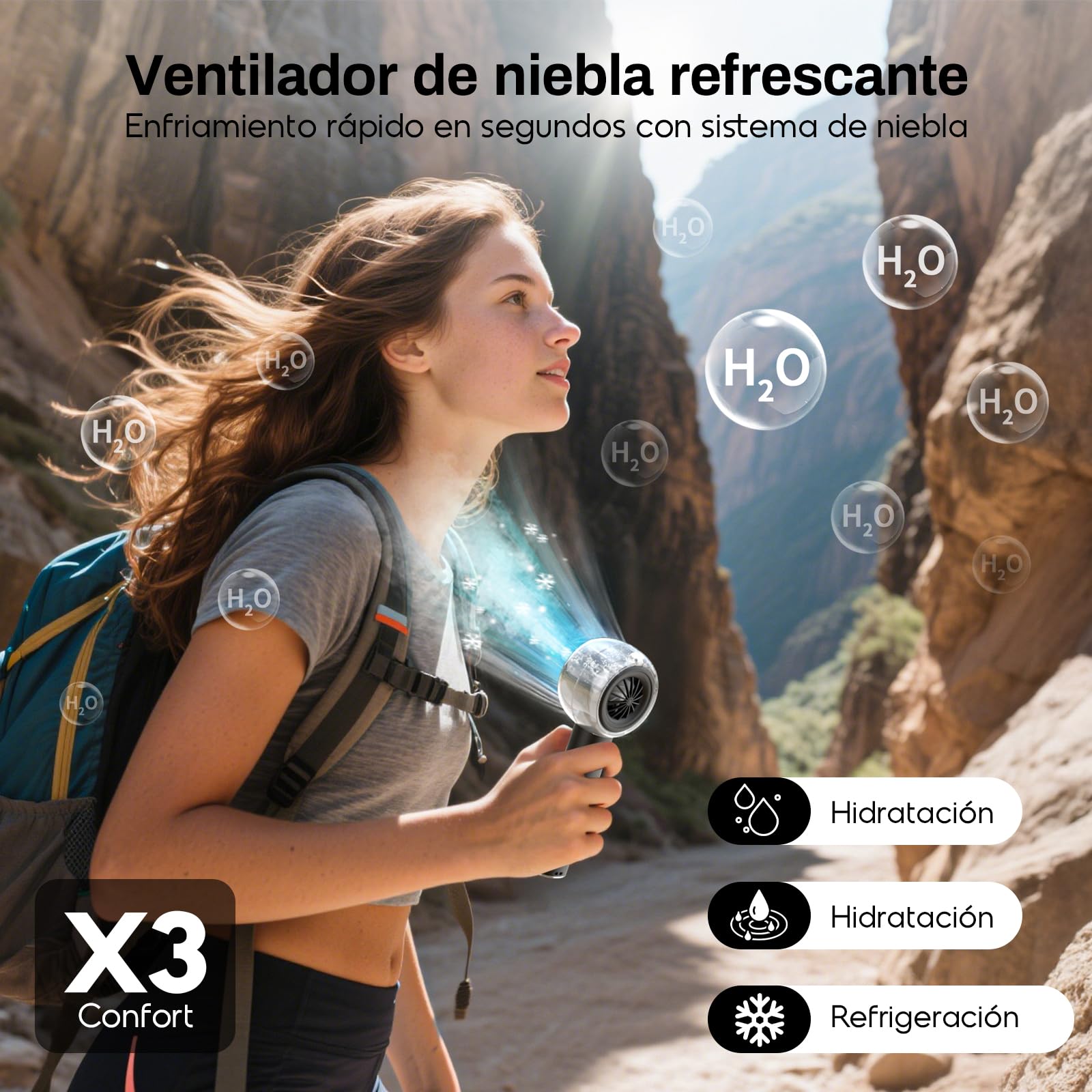 Ventilador Portátil con Nebulizador, Mini Ventilador USB Recargable, Motor Turbo Potente, Batería 6000mAh, 4 Velocidades, para Viajes, Playa y Uso Exterior, Regalo Mujer y Hombre (Negro)