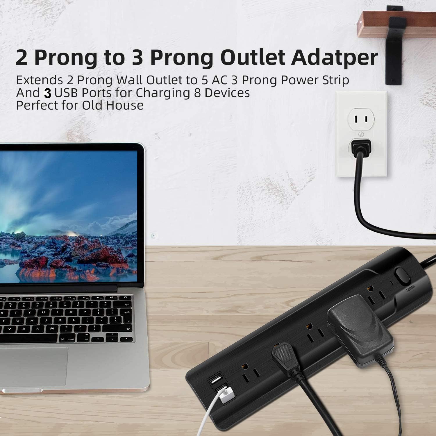 2 Prong Surge Protector Power Strip, Non-Polarized 2 Prong to 3 Prong 5-Outlet Adapter with 3 USB Ports 6.6 Ft Extension Cord, Outlet USB Charger Multi Port, 5V 3.4A USB, Ideal for Non-Grounded Outlet - - 