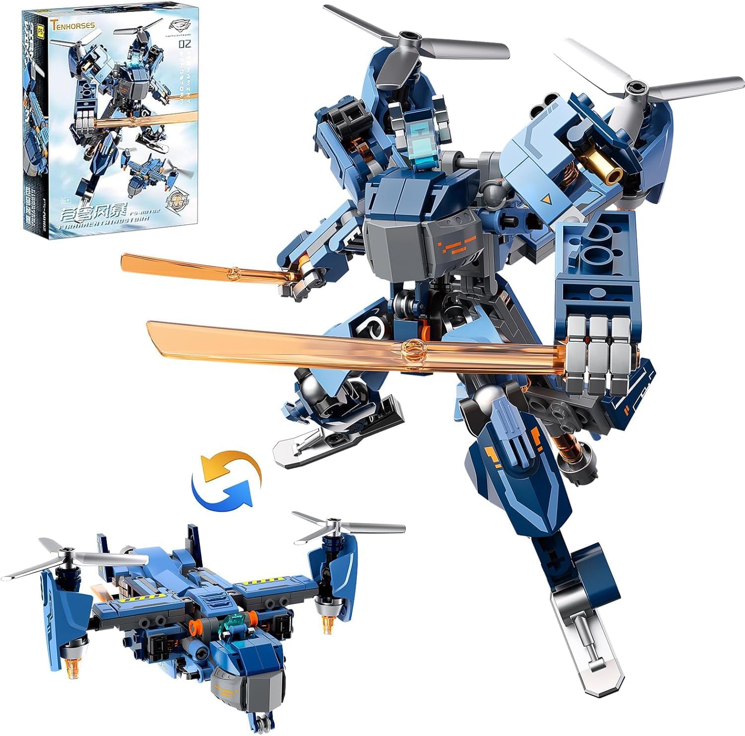 Tenhorses 2-in-1 Transformable Mech Building Set, Switch Between Warrior Robot and Fighter Jet Model Kits Without Disassembly, Ideal Christmas Birthday Gift for Boys, Girls & Adults