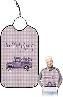 Kewadony Adult Bibs for Elderly Women - Hello Spring Waterproof Dining Clothing Protectors with Crumb Catcher for Eating/Feeding, Lavender Flower Truck Purple Plaid Burlap Terry Cloth Bib Washable