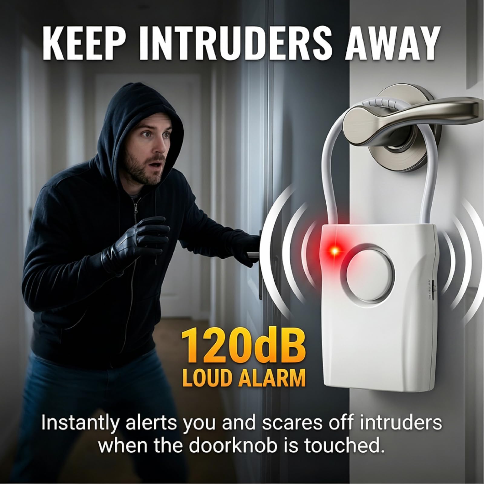 Confezione da 4 allarmi portatili per maniglia della porta, allarme di sicurezza a vibrazione da 120 dB con 3 livelli di sensibilità regolabili, allarme antifurto per la sicurezza di viaggi, hotel