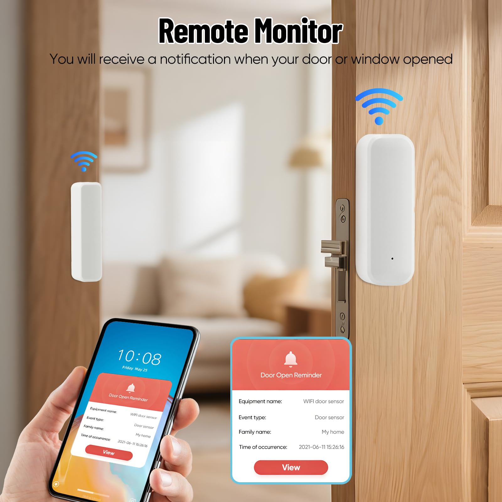 Sensor de puerta y ventana WiFi (paquete de 4) – Smart Home magnético con notificación de aplicación, compatible con Alexa/Google Assistant para mayor seguridad en casa, apartamento y garaje