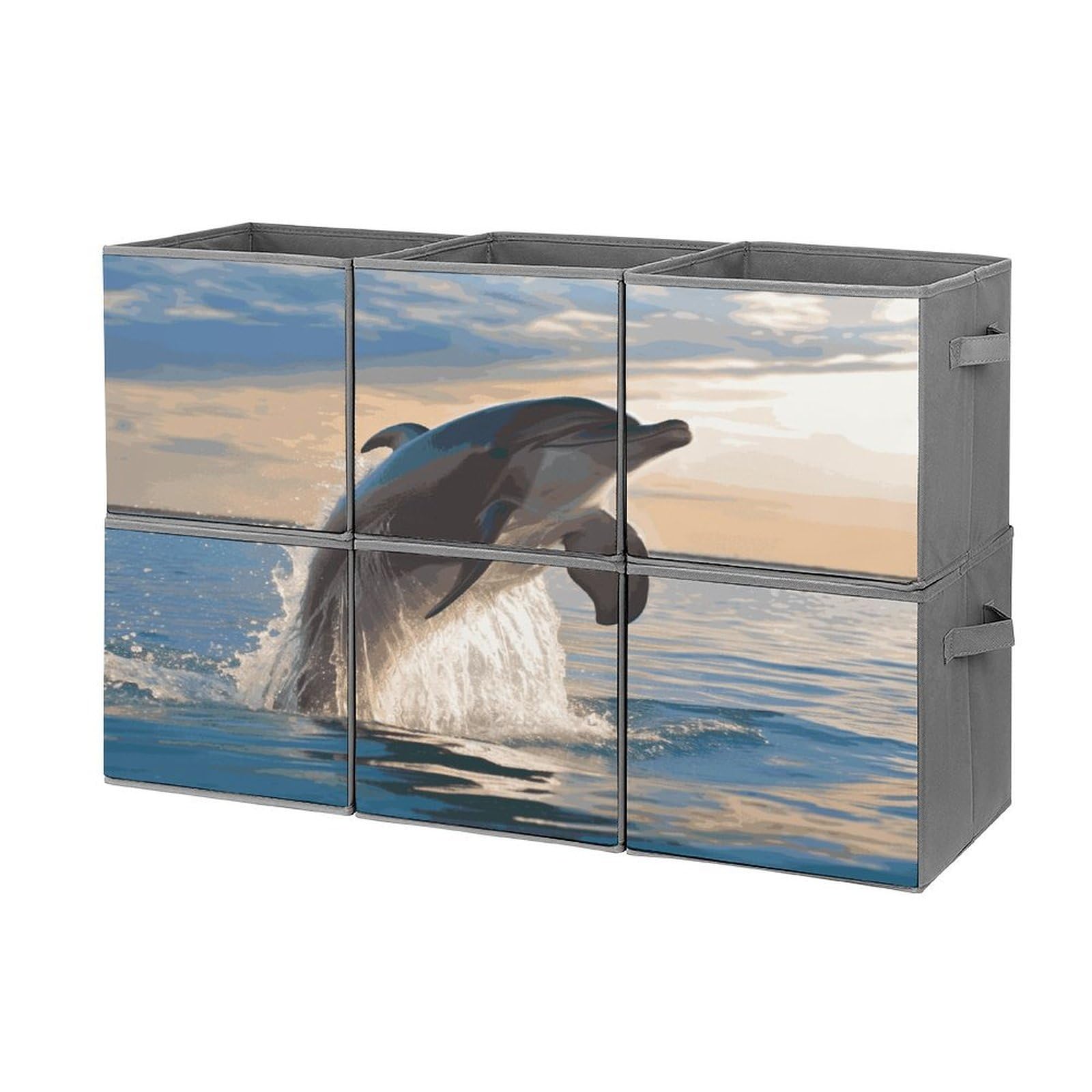 Fekiloot Style Funny Animal Dolphin Storage Bin For Foldable And Handles,Closet Organizer Of 6-Pack Stackable,Storage Box For Living,Room, Office,Bedroom,Closet