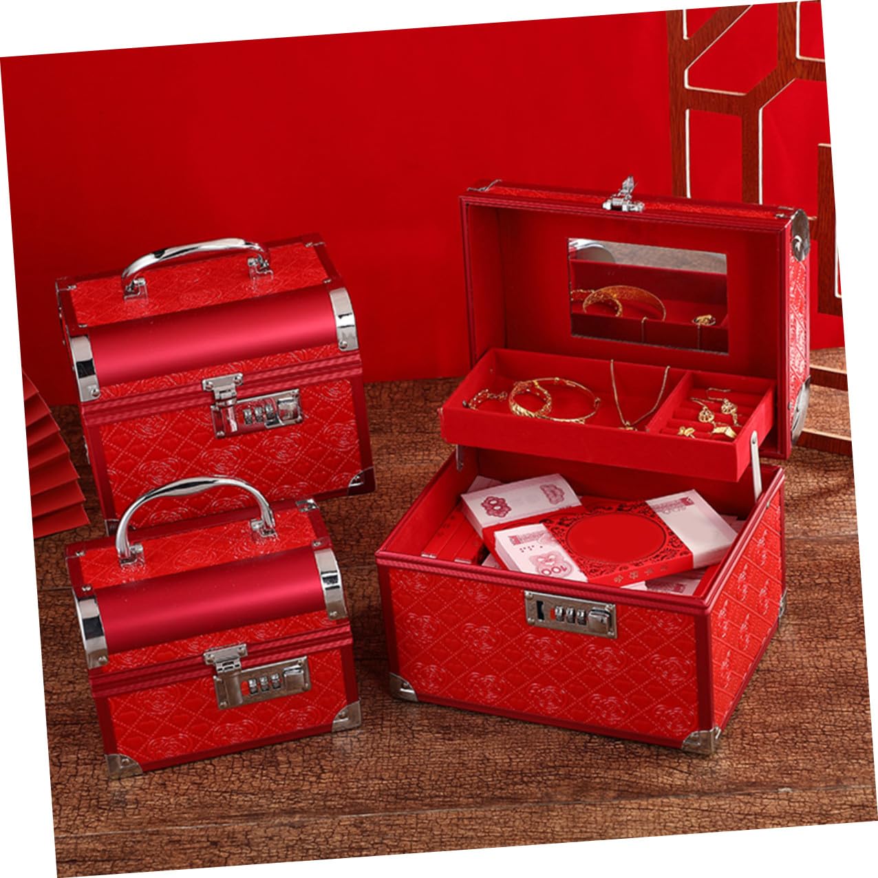 Hemobllo Elegante Rote Schmuckaufbewahrungsbox aus Pu Leder und Aluminiumlegierung mit Zahlenschloss Vintage Schmuckkästchen für Hochzeiten und Schreibtisch zur Sicheren Aufbewahrung