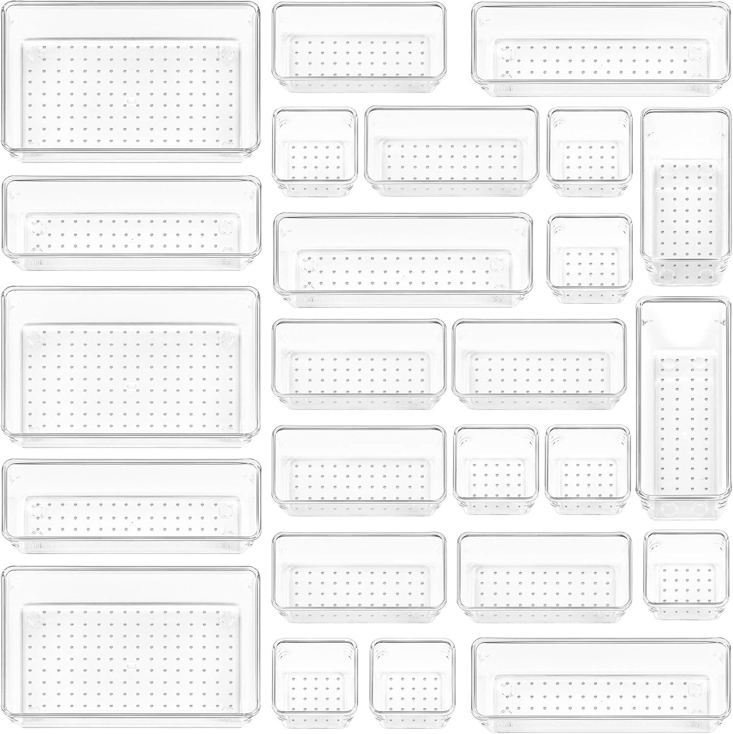 Vtopmart Lot de 25 Organisateurs de Tiroir – 4 Tailles, Rangement Tiroir en Plastique Transparent – Parfait pour Salle de Bain, Coiffeuse, Bureau, Cuisine, Outils et Maquillage