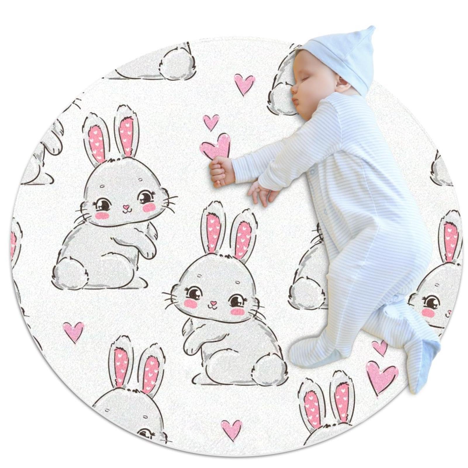 Tapis lapin mignon et cœur rose rond 1m pour une ambiance douce