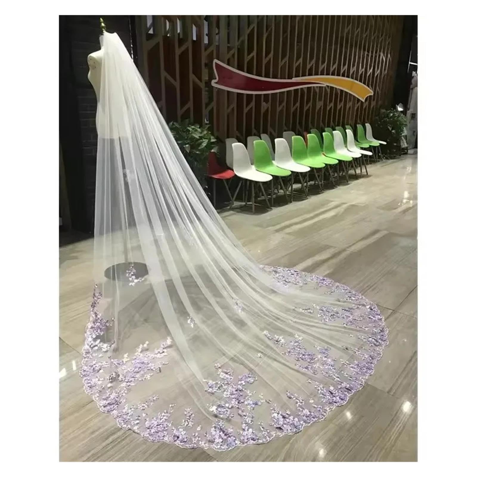 Veli da sposa con perle viola fiori 3D a pettine
