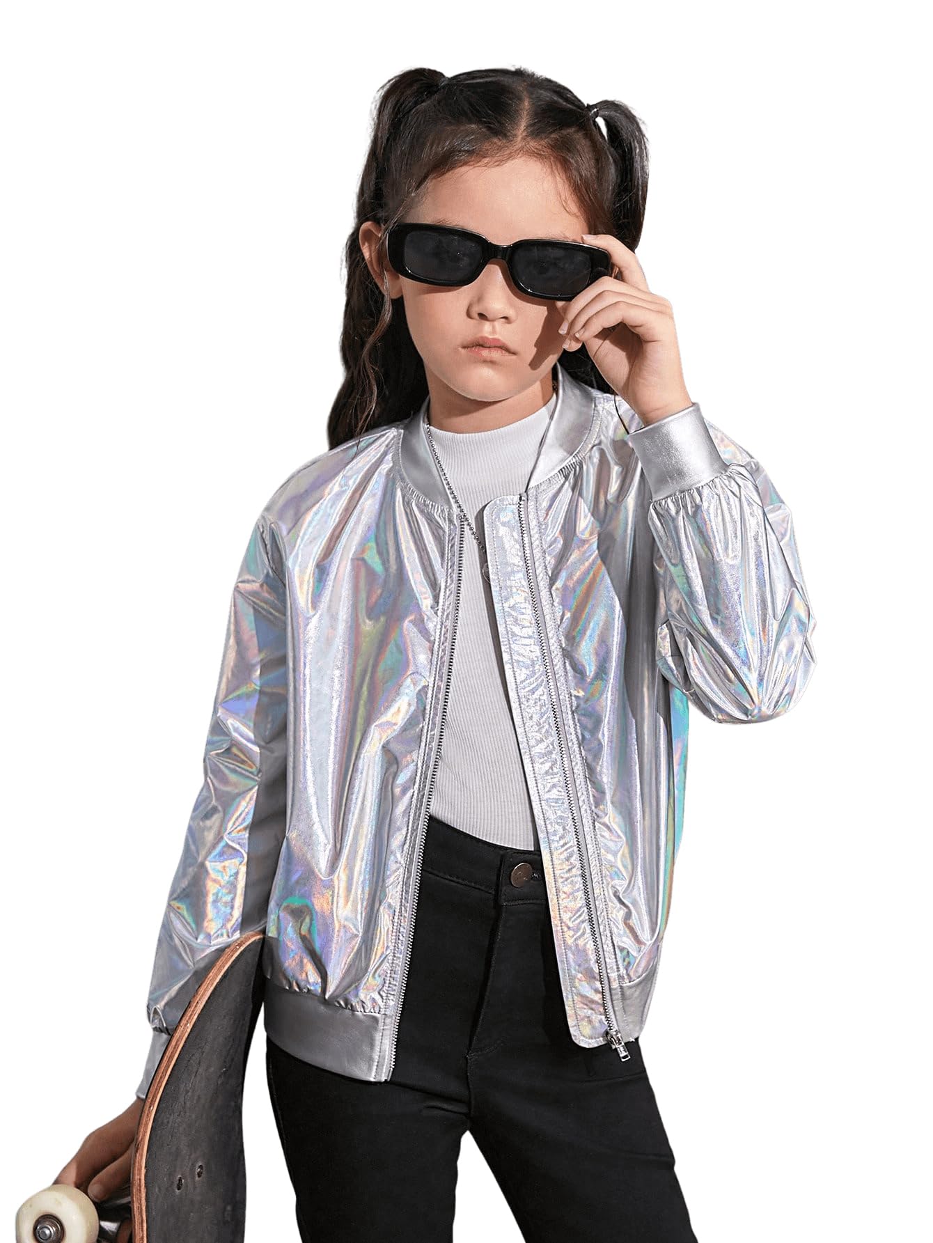 FloernsGirls Holographic Baseball Collar Zipper Up Metallic Bomber Jacket