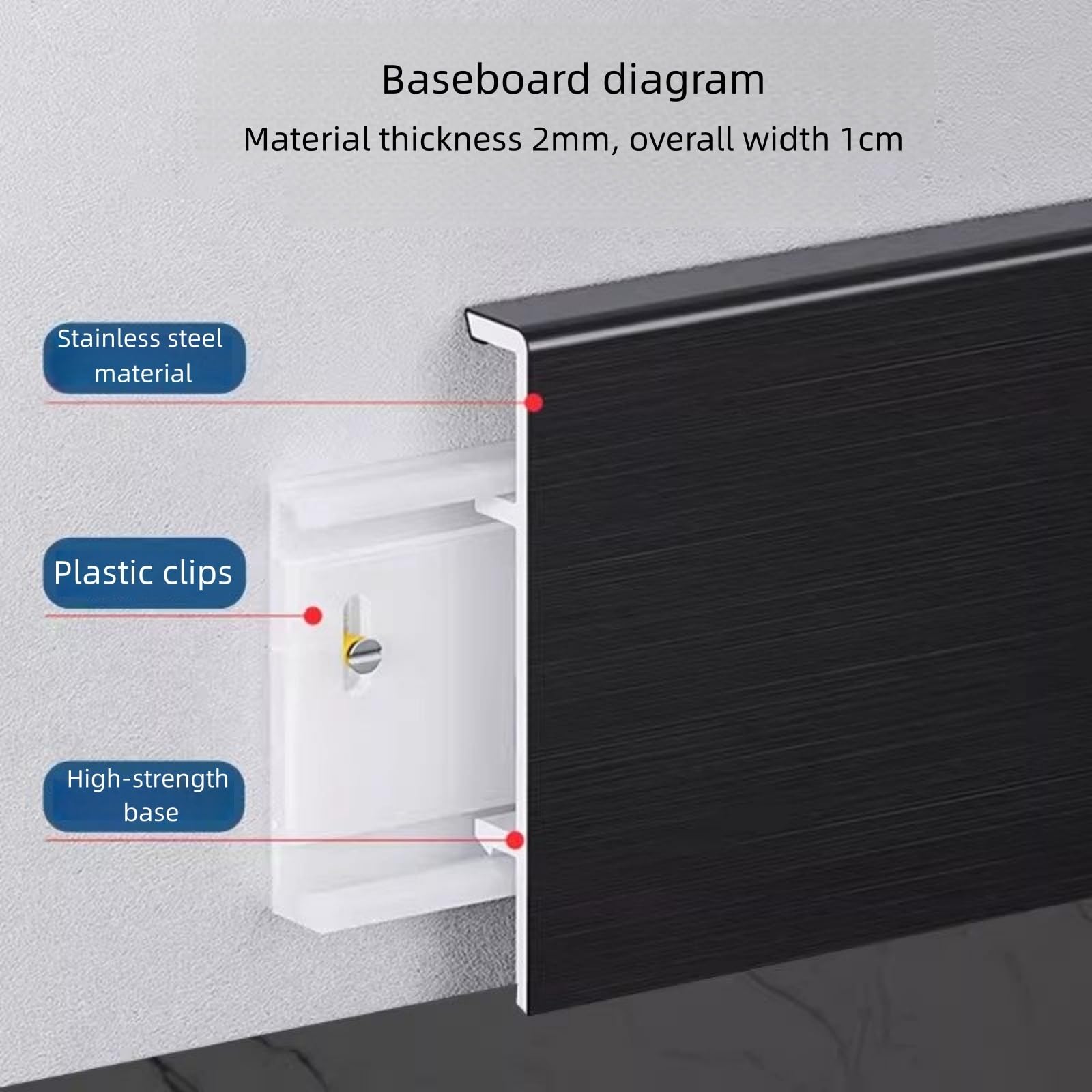 Bordo per pavimenti, in lega di alluminio anodizzato, battiscopa da 122 cm, 2 pezzi, resistente, resistente all'umidità, modanatura da parete per salotti e pavimenti in laminato (nero, 4 cm)