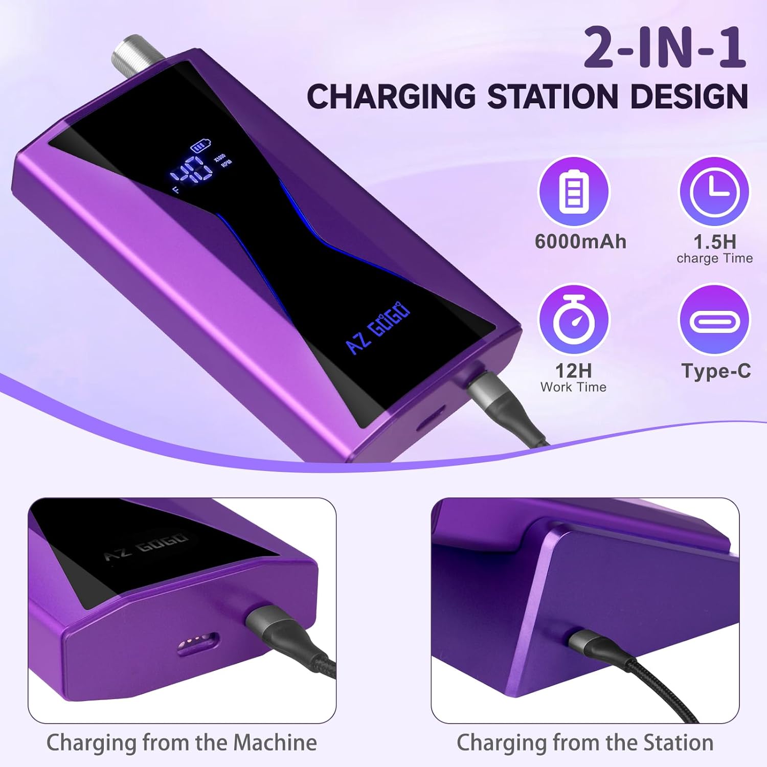 Professional Brushless Nail Drill, AZ GOGO 85W Cordless Electric Nail File 40000RPM Rechargeable Portable Nail Drill Machine for Gel Acrylic Nails, High Torque Quieter for Salon Nails Art (Purple)