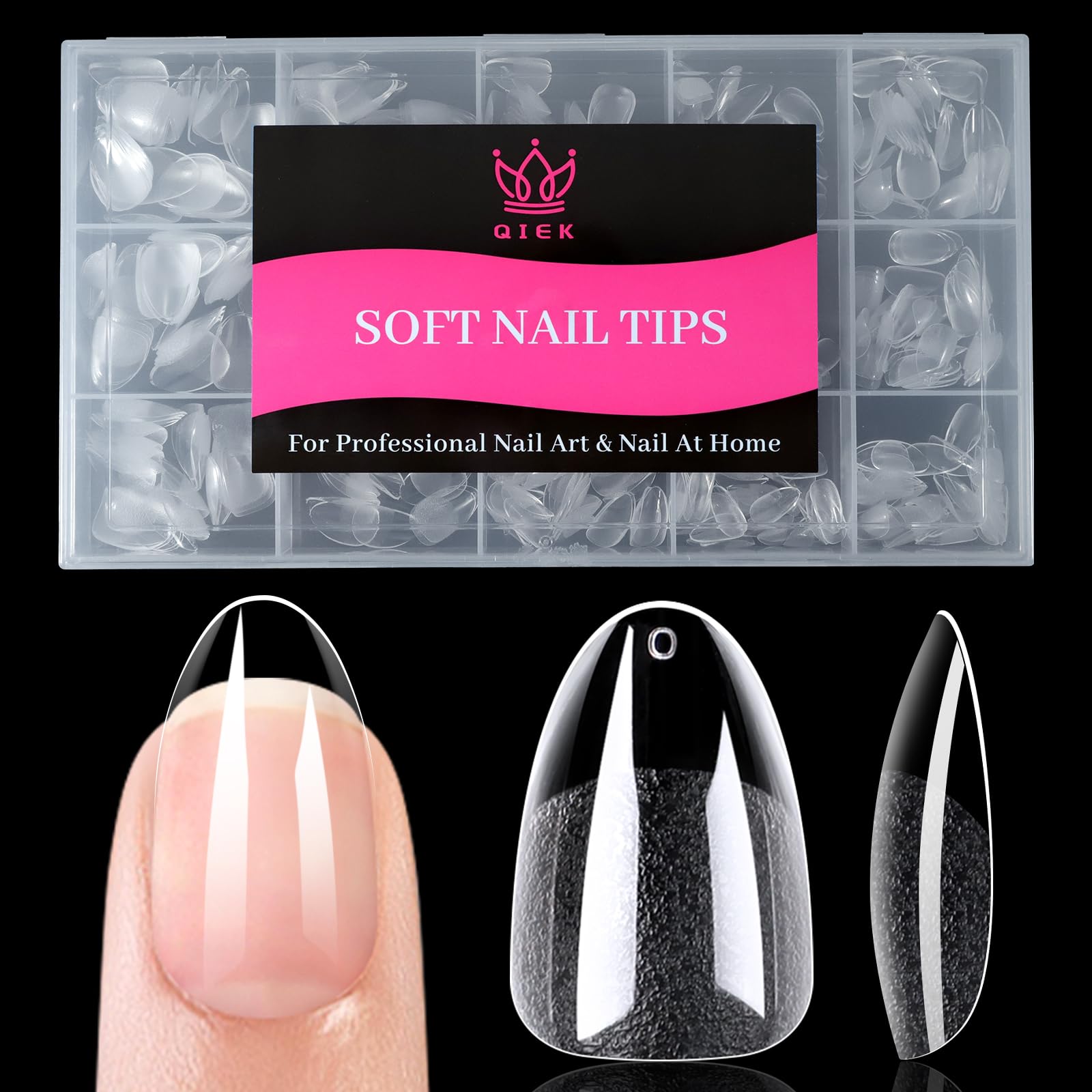 QIEK 510PCS 15 Sizes Short Almond Nail Tips for Gel Extensions Half Matte Clear Acrylic Soft Gel X Full Cover Tips Pre-shaped Press On Nail for Home DIY and Art Salon