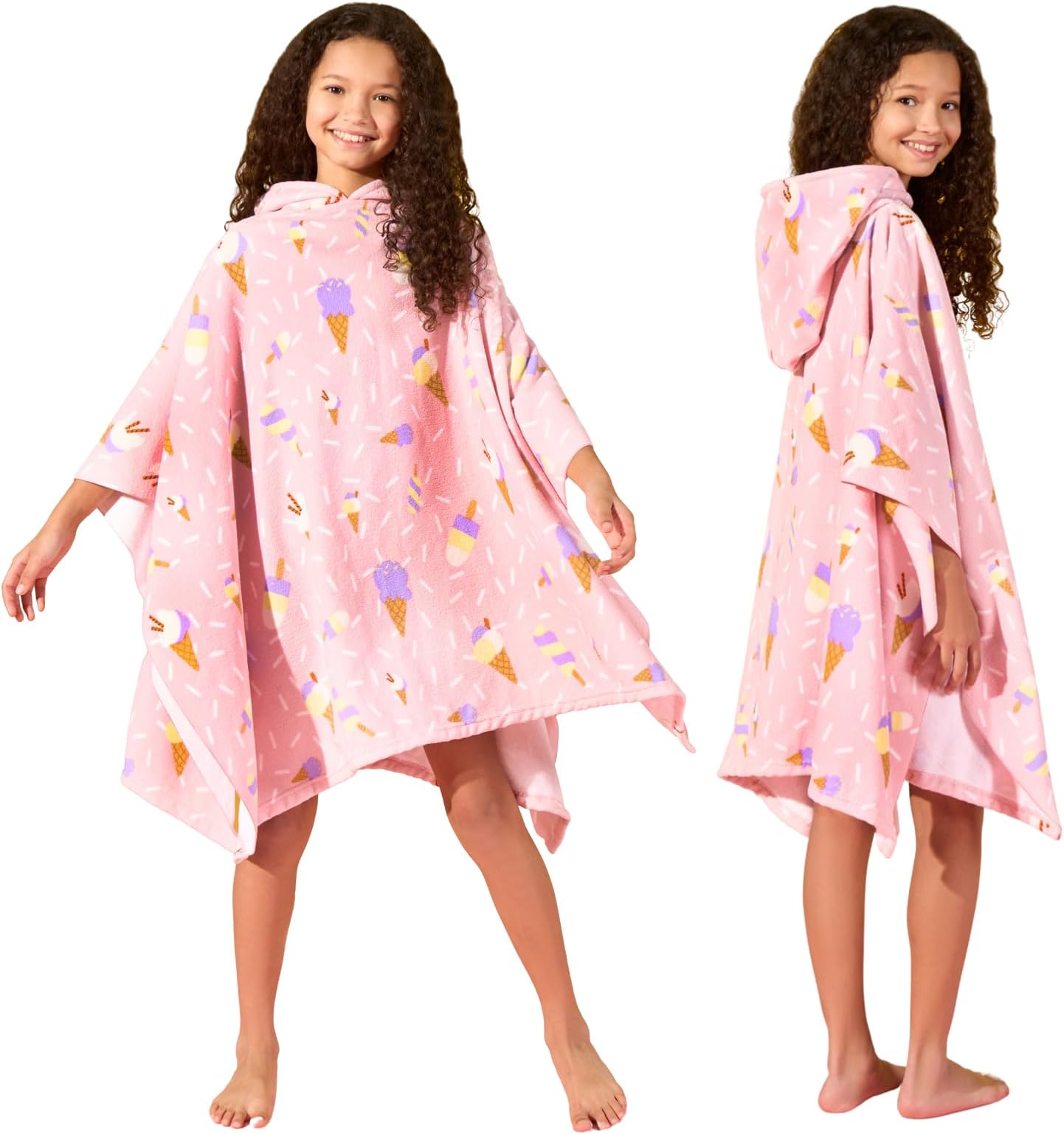 Dreamscene Ice Cream Hooded Poncho Towel for Kids Swimming Bath Shower Holiday Microfibre Pool Beach Changing Robe for Boys Girls, Pink Purple
