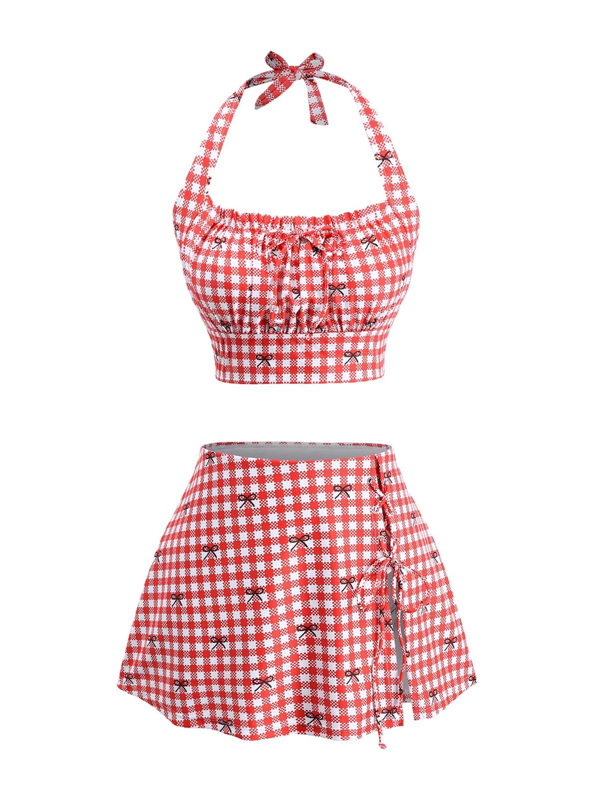 Photo 1 of ROSE GAL Women Plus Size Cute Gingham Bowknot Print Bikini Halter Two Piece Swimsuit with Skirt Lace-up Bathing Suit(Red/L)