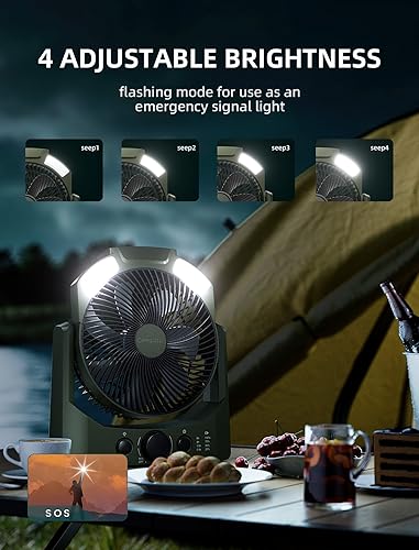 Miniatura 5 de D-cell - Ventilador de campamento a pilas, 8.5 pulgadas, ventilador de escritorio USB silencioso con linterna LED de 4 niveles, luz SOS,