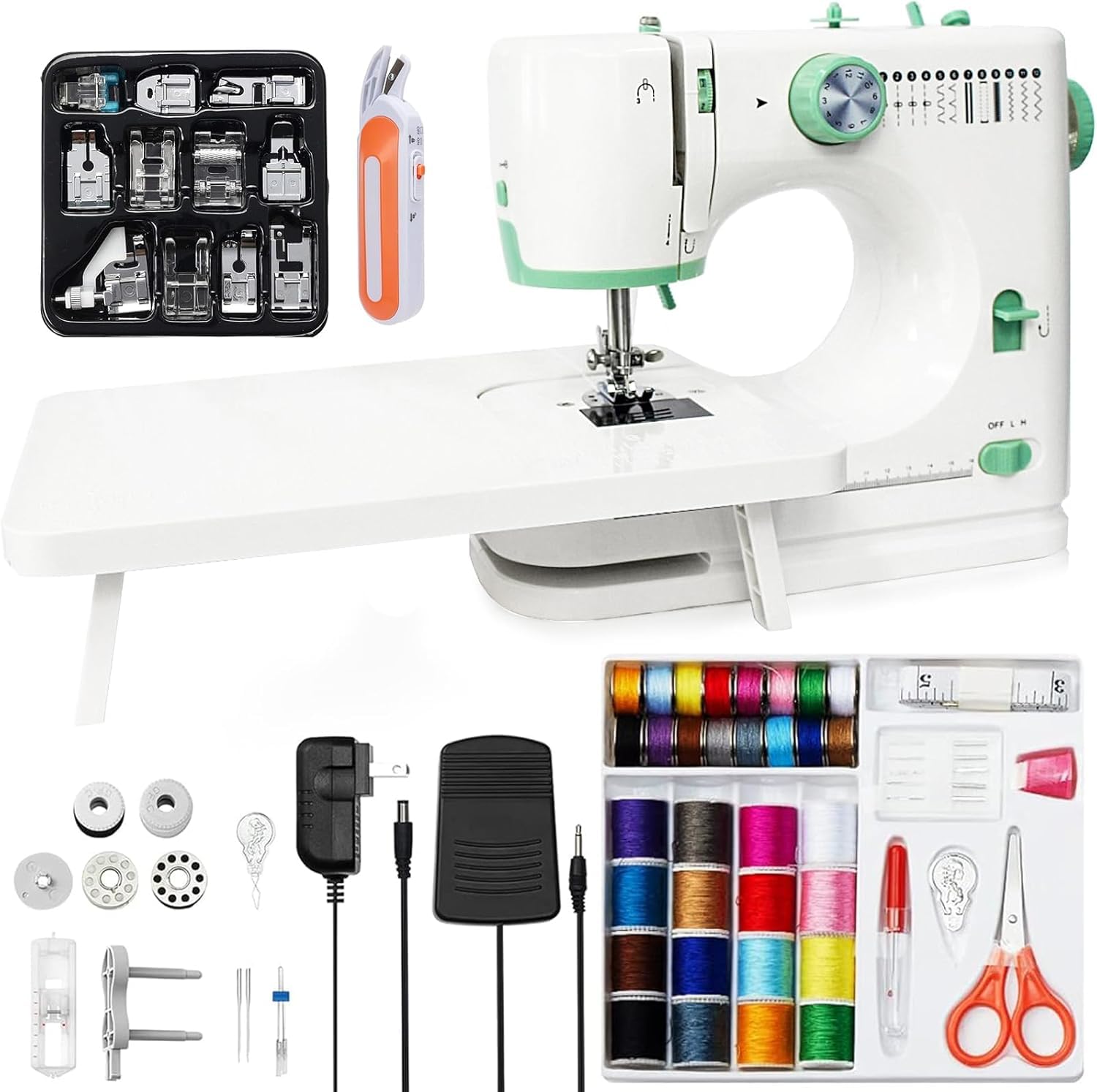 Assortment of Dekaim FLSM-520 sewing machine accessories including various presser feet, bobbins, threads, needle threader, power cord, foot pedal, and electric scissors.