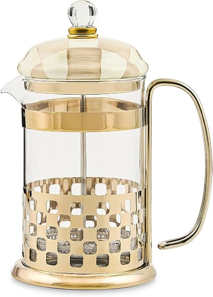 MACKENZIE-CHILDS Coffee French Press, Brown-and-White Mocha Check
