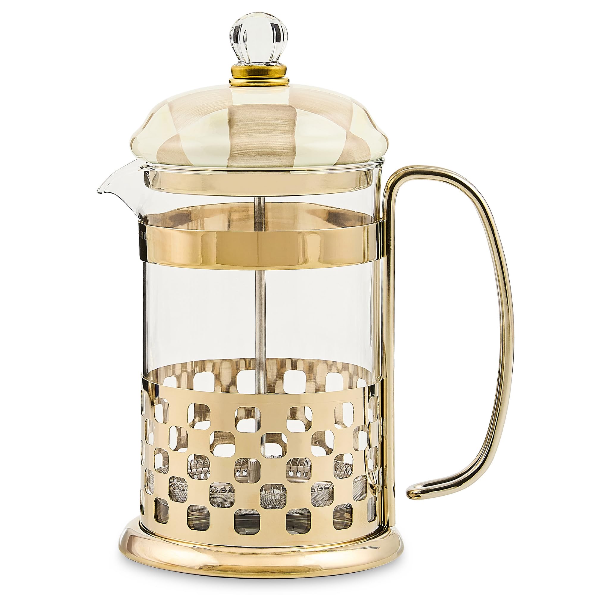 MACKENZIE-CHILDS Coffee French Press, Glass French-Press Coffee Maker, 32-Ounce Capacity, Brown-and-White Mocha Check - 2
