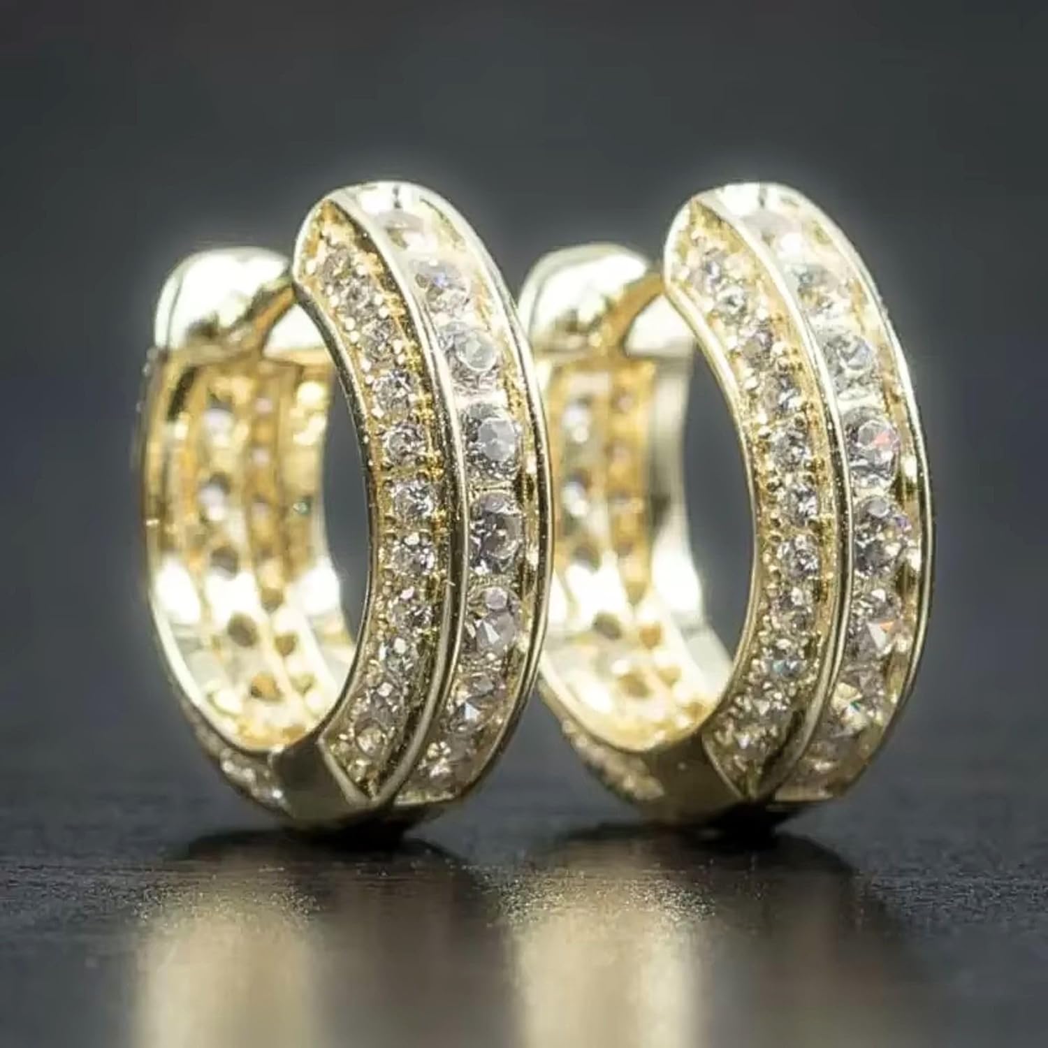QueenBee 14K Gold Plated Huggie Hoop Earrings for Women – Sparkling Double Row Cubic Zirconia Small Hoops, Hypoallergenic Pave Leverback Earrings, Trendy Jewelry Gift for Her