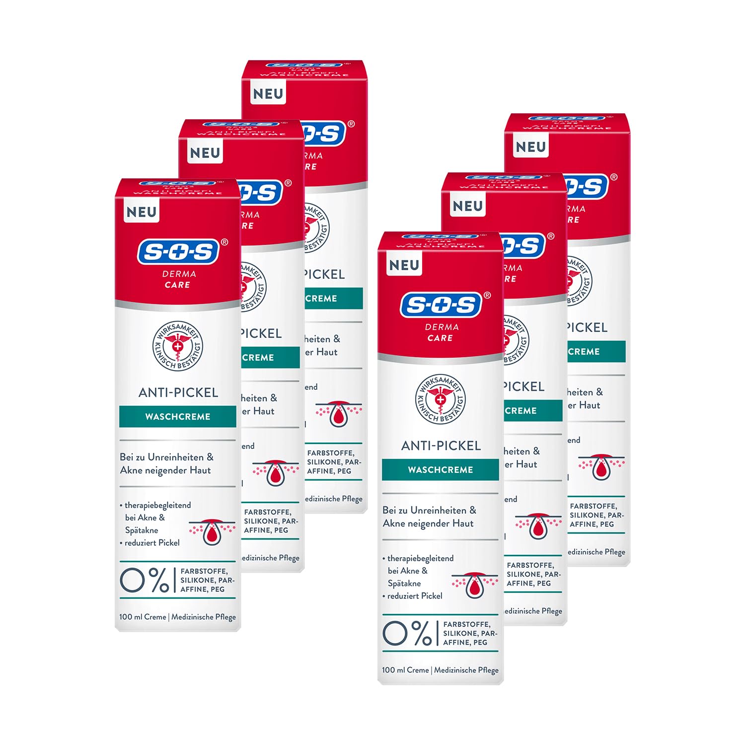 SOS Derma Care Anti-Pickel Waschcreme (6x 100 ml) – Klärende Gesichtsreinigung für unreine Haut – bei Pickeln & Hautunreinheiten – Ohne Farbstoffe, Silikone, Paraffine & PEG – Dermatologisch