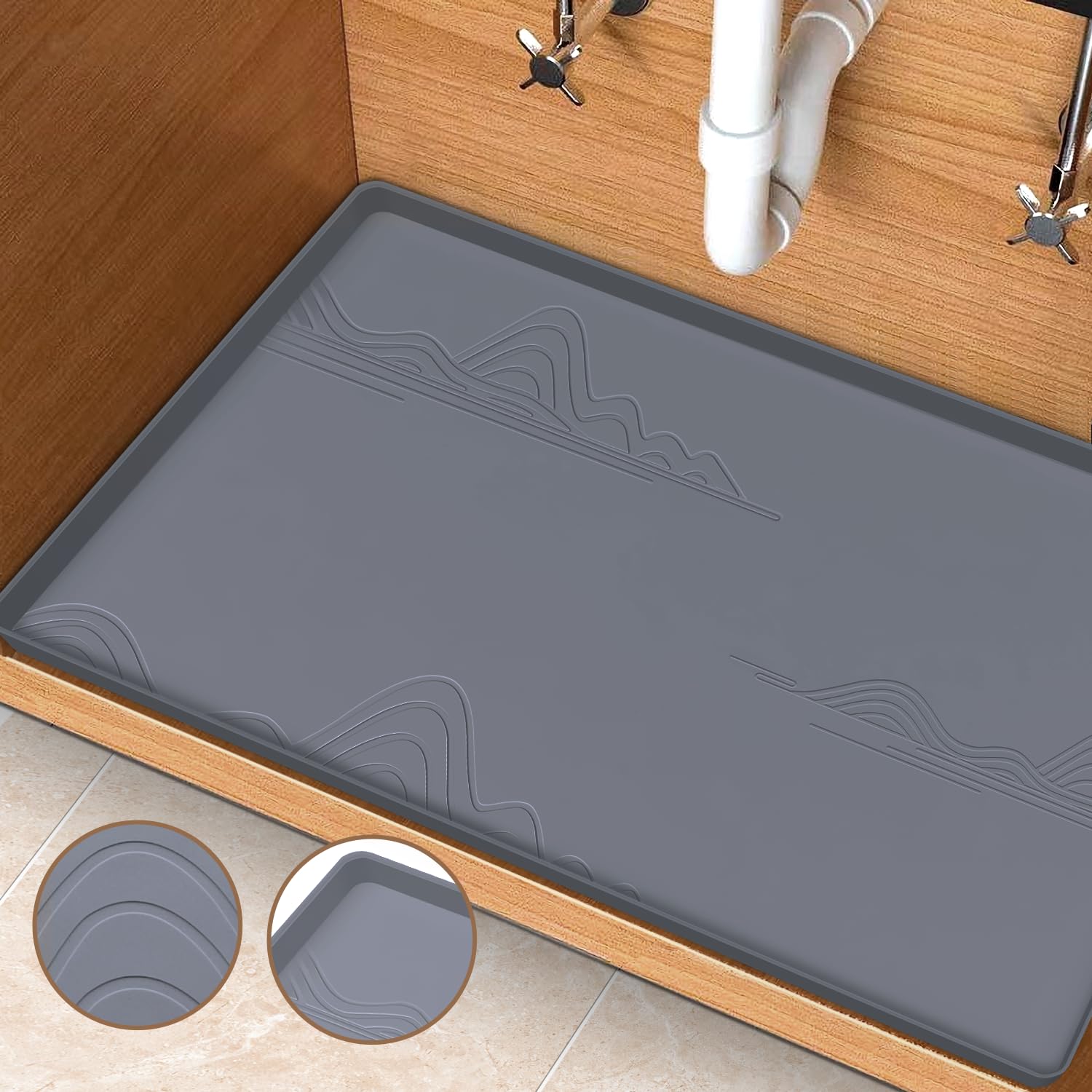 Under Sink Mat 22x19, Silicone Under Kitchen Sink Mat with Lip, Under Sink Mats for Kitchen Waterproof, Under Sink Liner Tray, Under Bathroom Sink Mat, Dark Grey