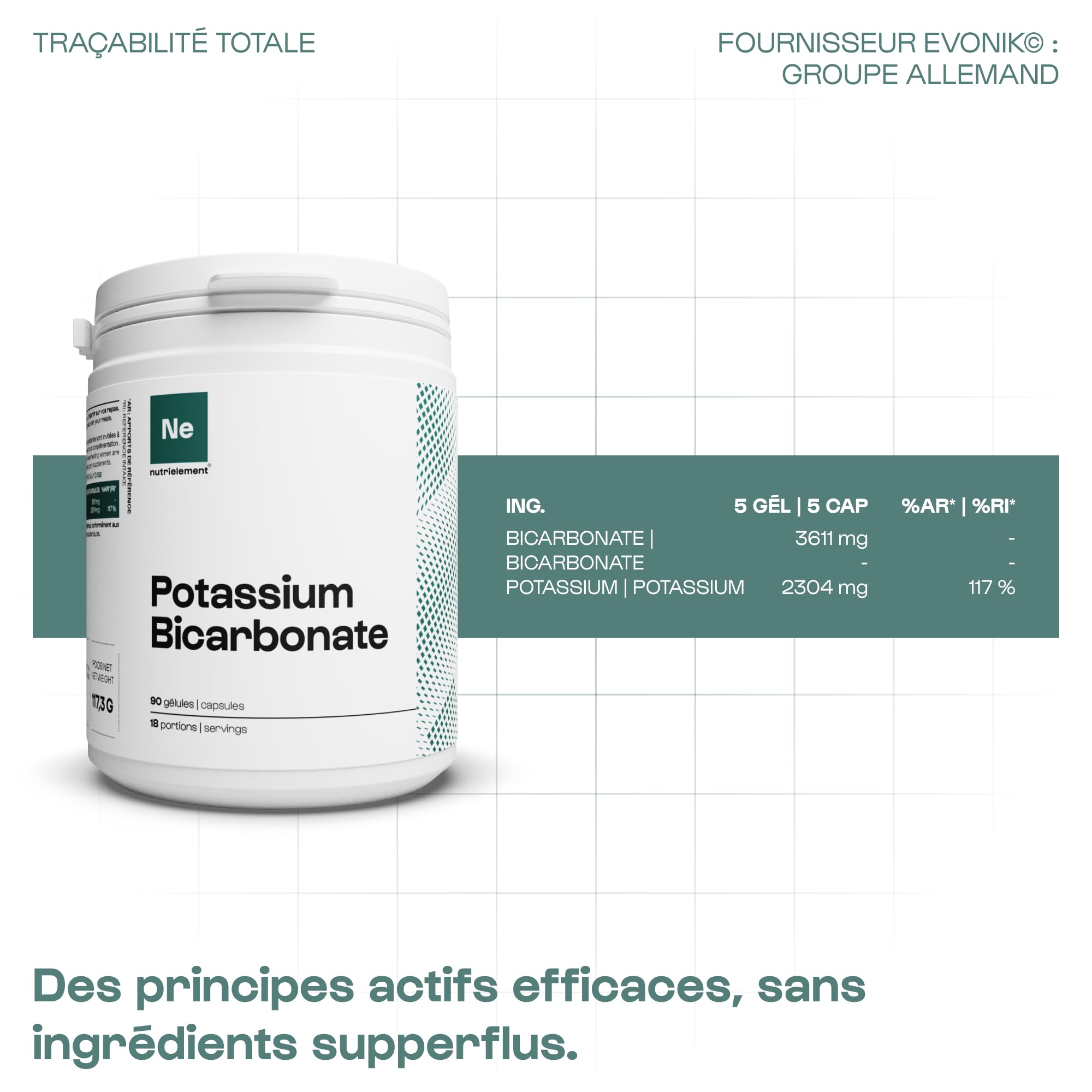 Bicarbonate de Potassium - 90 gélules - Système nerveux - Fonction musculaire normale - Qualité pharmaceutique - Vegan| Nutrielement By Nutrimuscle
